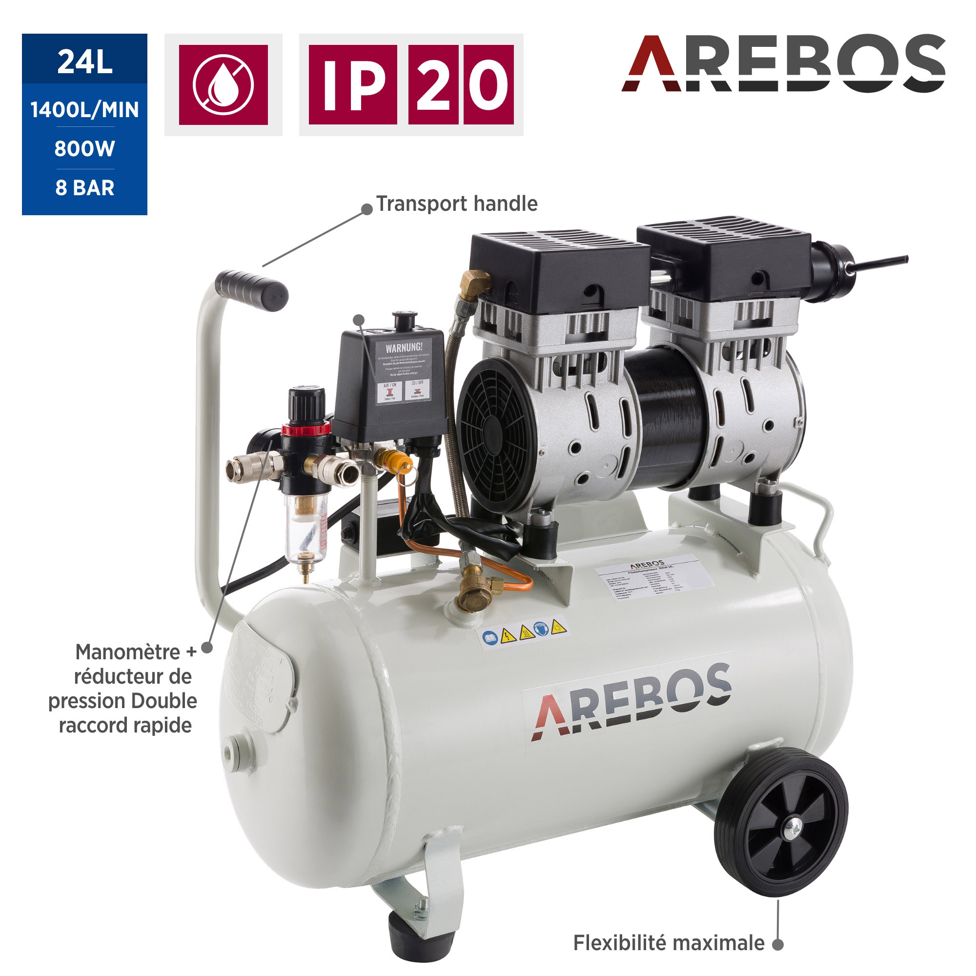 Arebos Compresseur d'air, avec kit d'accessoires 13 pièces, Compresseur  régulateur, mobil, Sans huile, Arrêt automatique