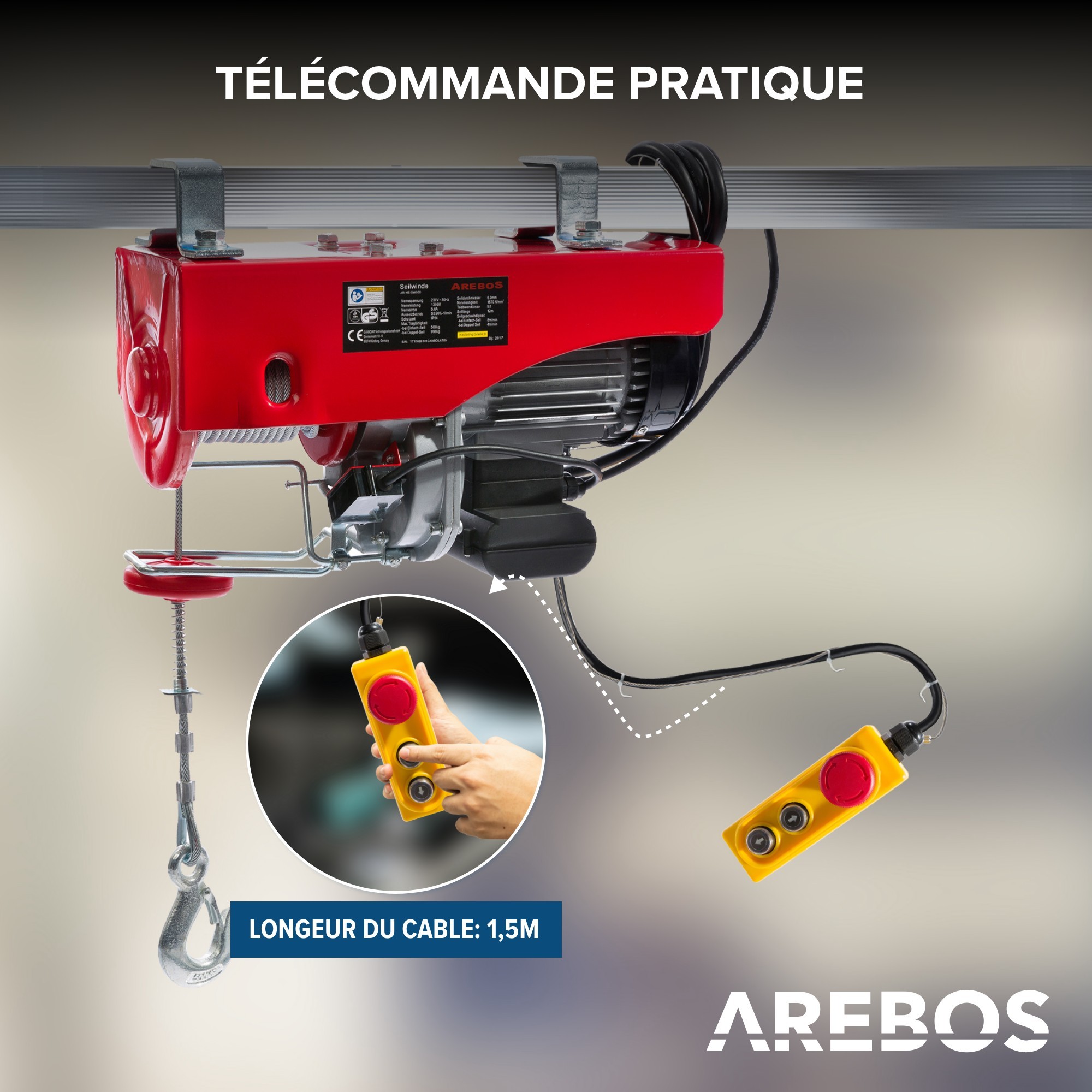 Treuil palan électrique 230V 500 / 1000KG 1300W avec télécommande