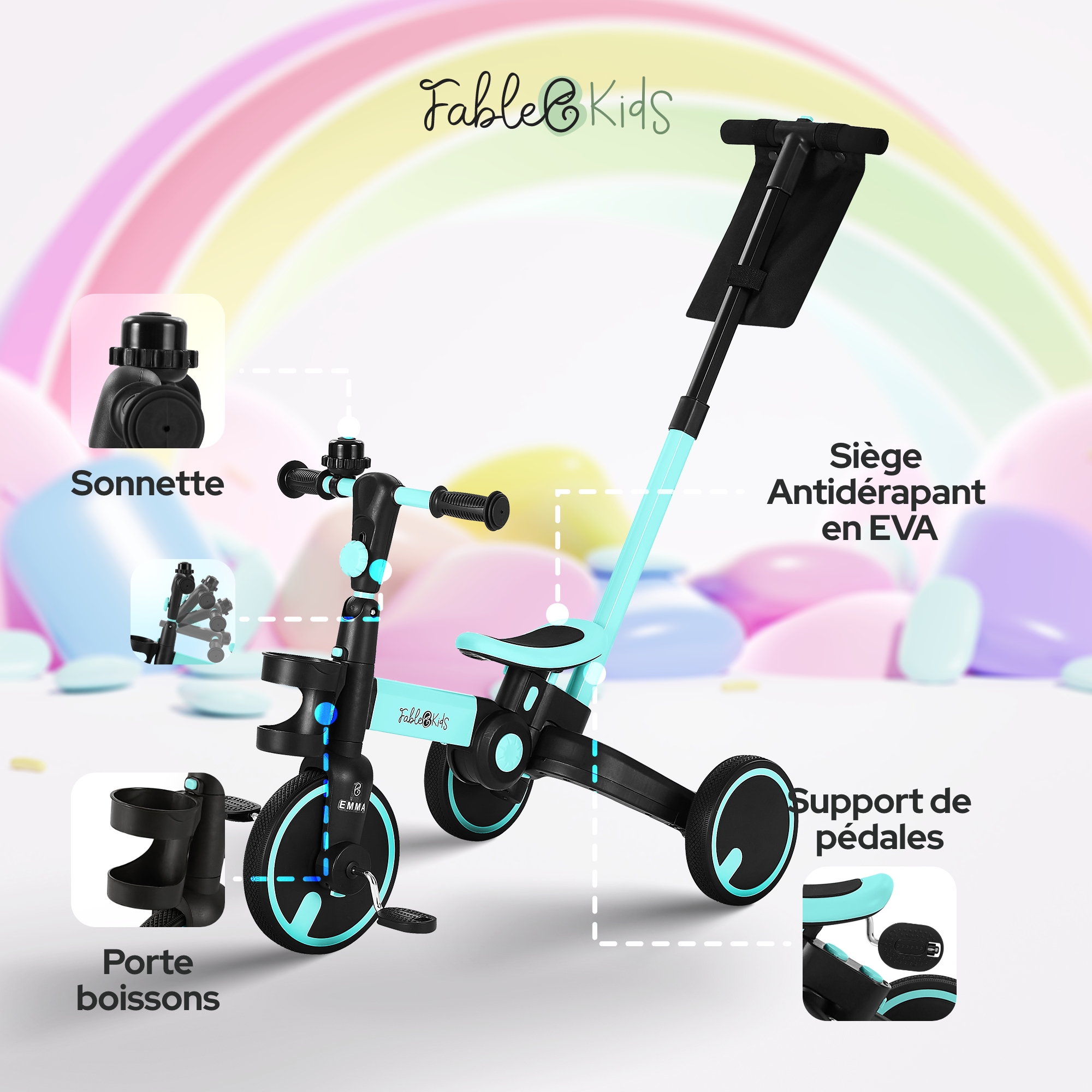 FableKids Tricycle 7in1 Enfant Tricycle Enfant Guidon vélo bébé