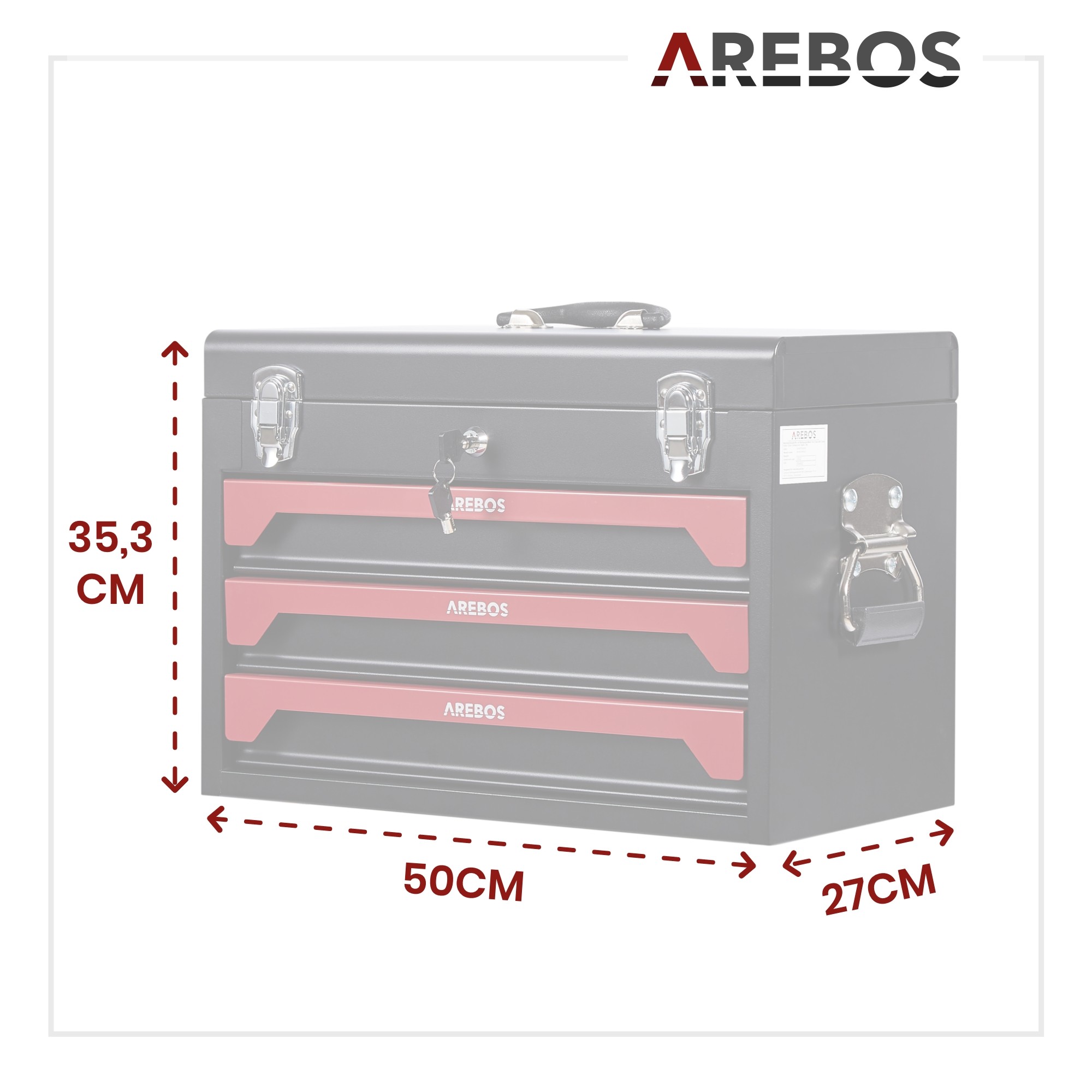 AREBOS Boîte à outils avec 3 tiroirs et 2 compartiments de rangement, Poignée de transport et fermetures à pression