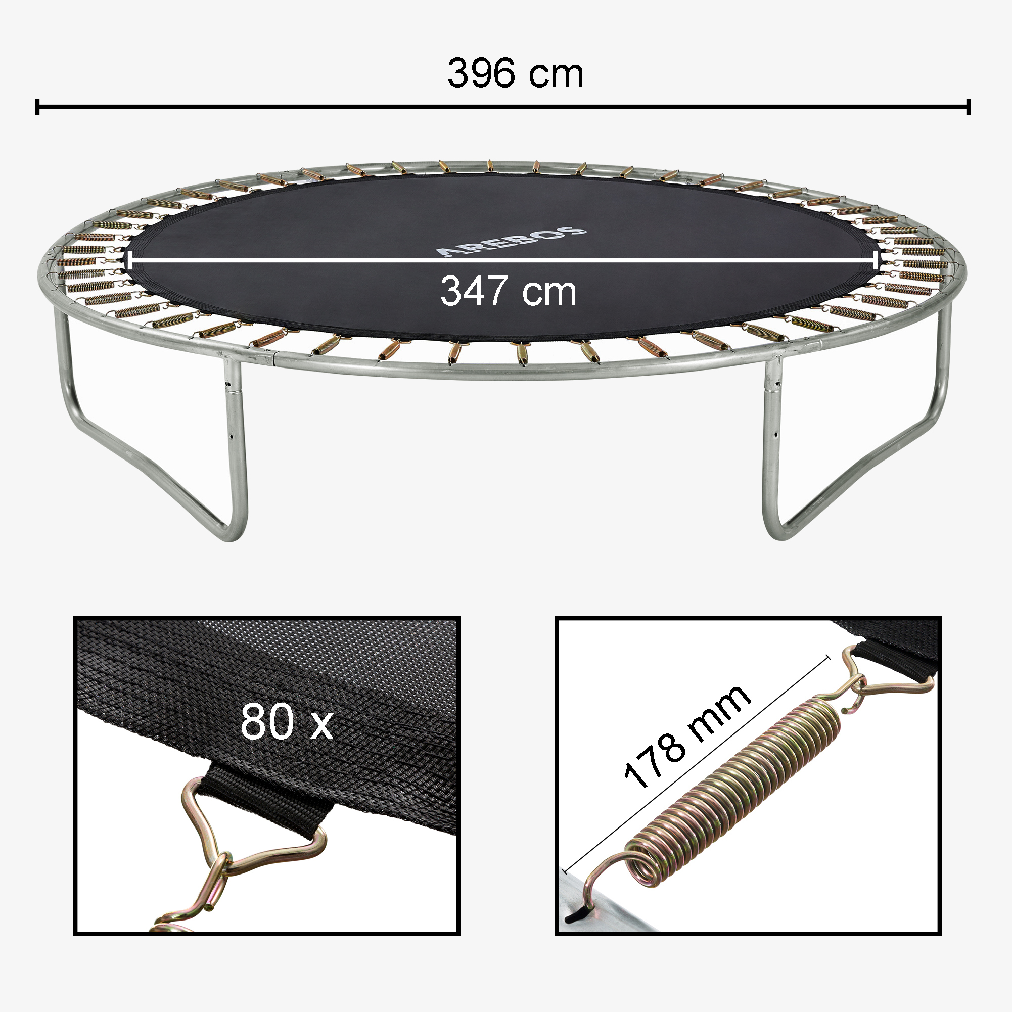 Arebos Tapis de saut pour trampoline Ø 396cm/13pieds, Ø du tapis 347cm, 80 oeillets, longueur des ressorts 178mm