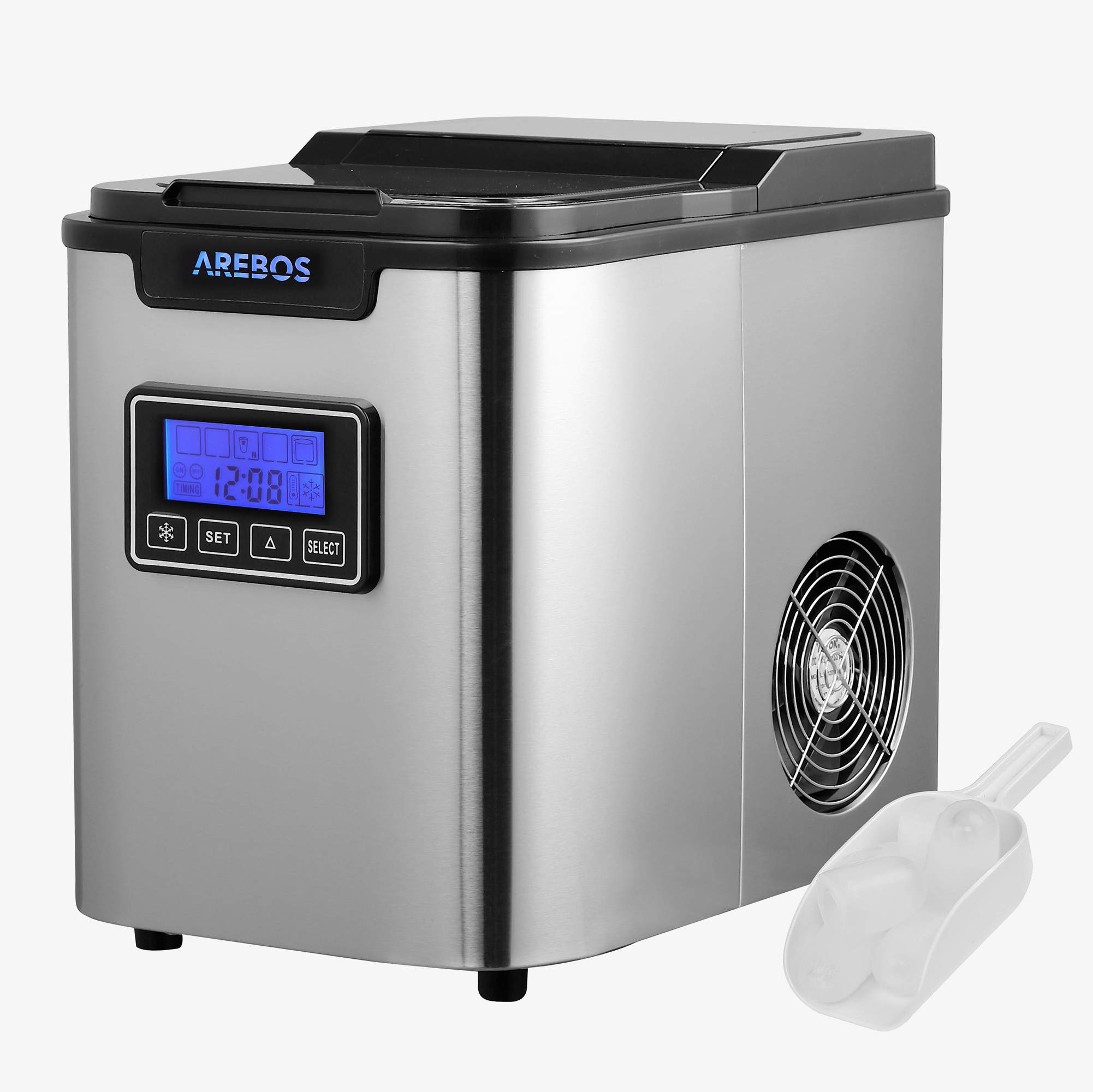 Arebos Machine à glaçons 2,2L - 3 tailles,écran LCD,minuterie,12kg en 24h,acier inoxydable