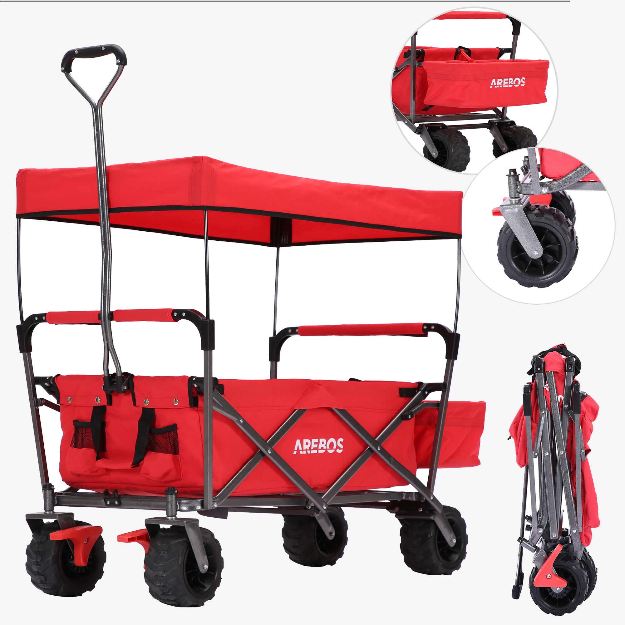 Arebos Chariot Standard - pliable avec toit,sacoche XXL,jusqu'à 100kg,grandes roues