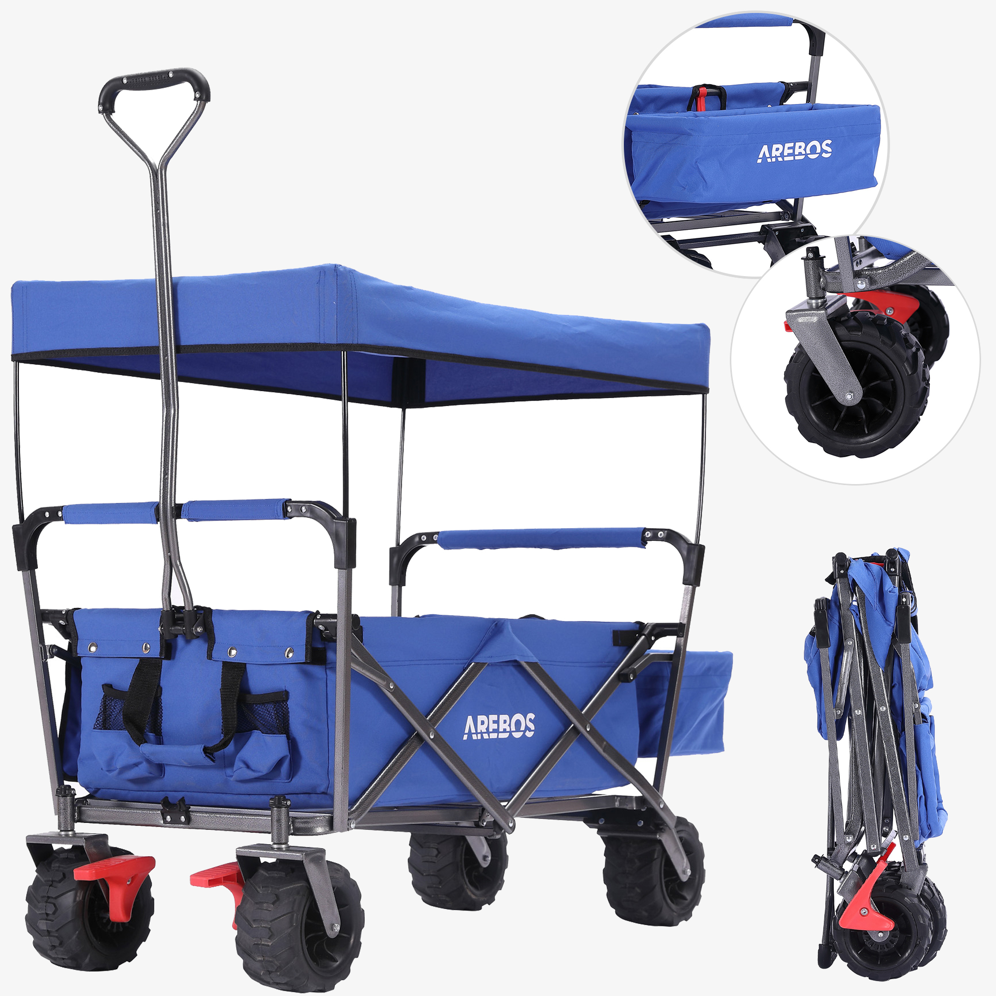 Arebos Chariot Standard - pliable avec toit,sacoche XXL,jusqu'à 100kg,grandes roues
