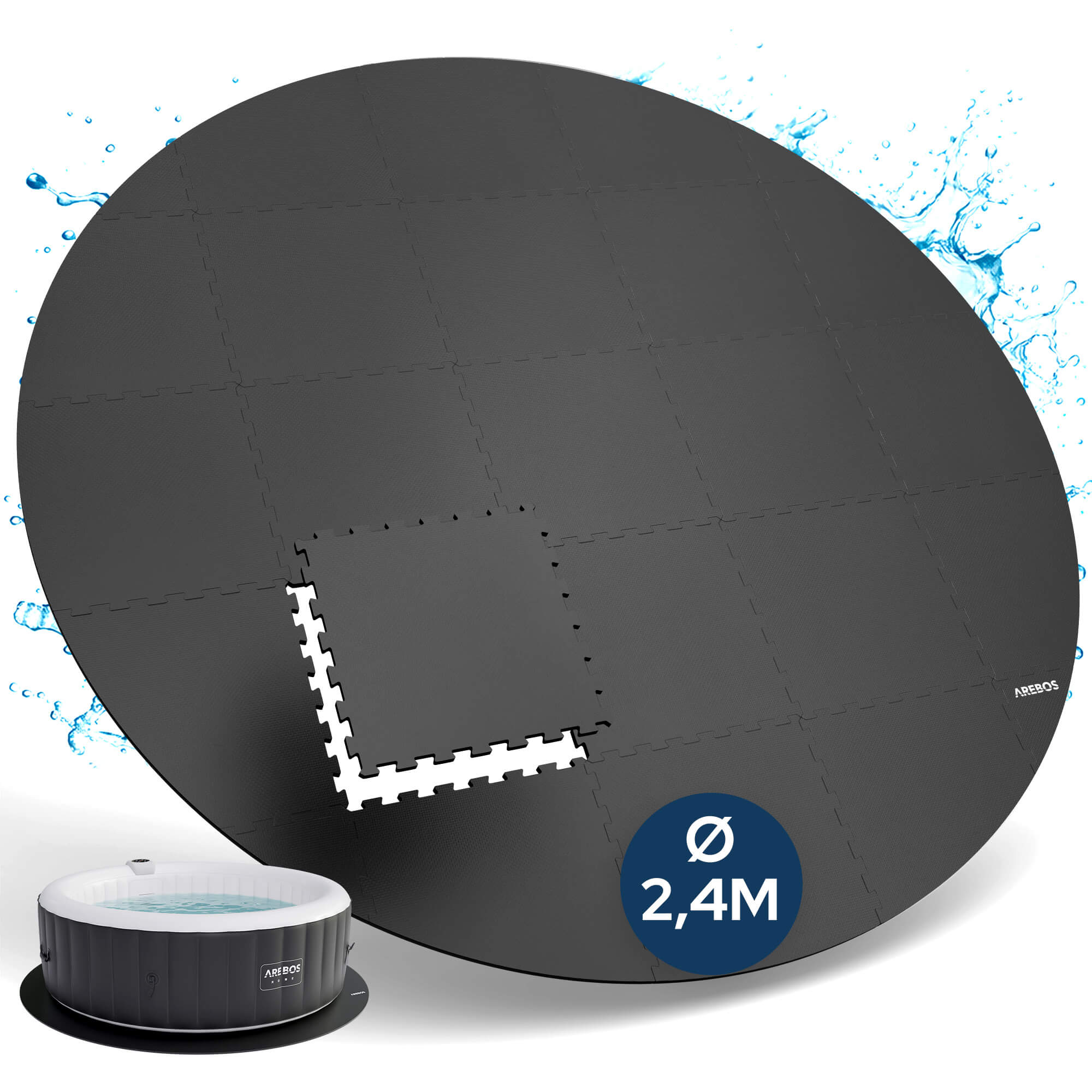 AREBOS tapis de protection piscine rond Ø240 cm, 25 dalles EVA puzzle antidérapantes et imperméables spa