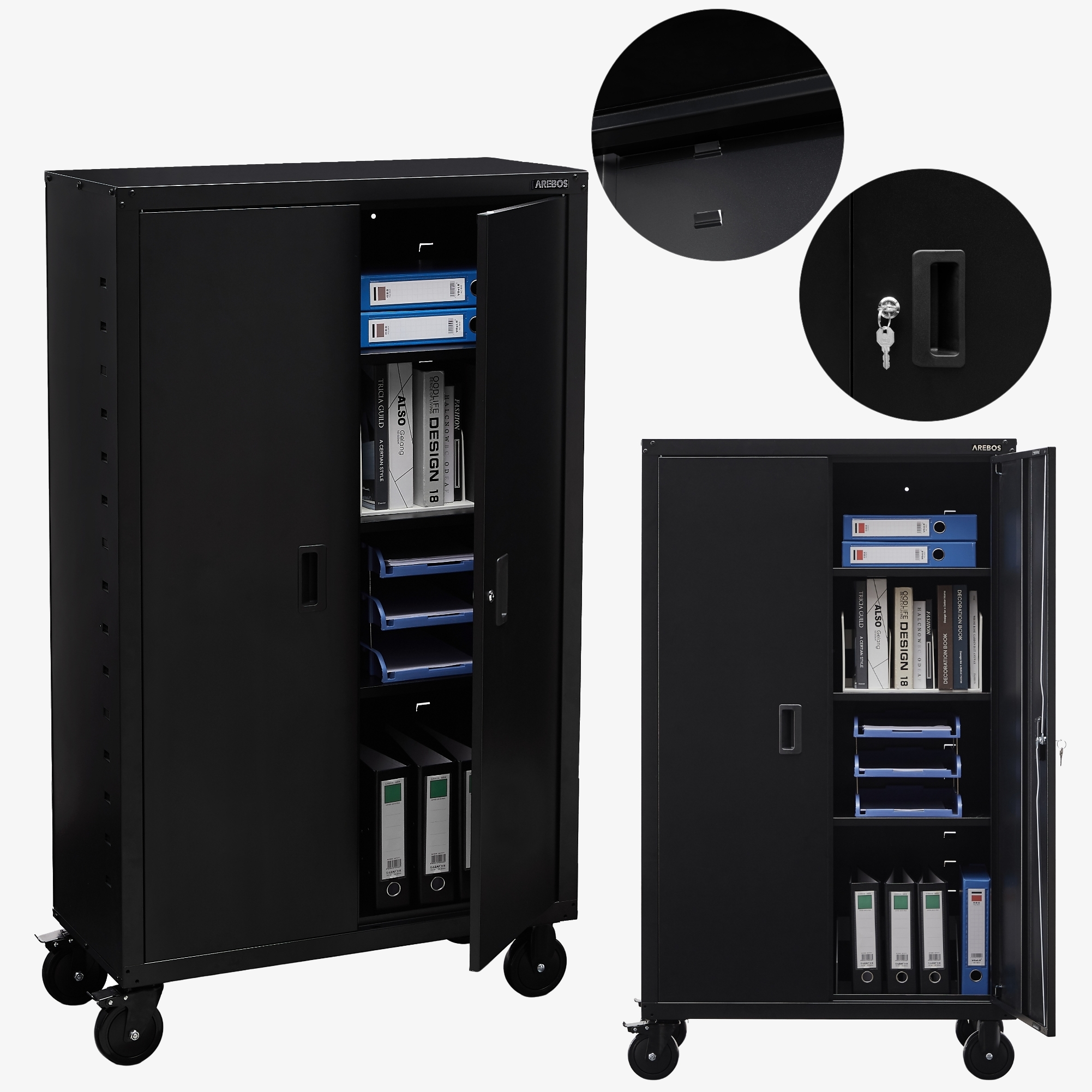 Arebos Armoire à dossier 155 x 90 x 40 cm avec roulettes et étagères réglables en hauteur