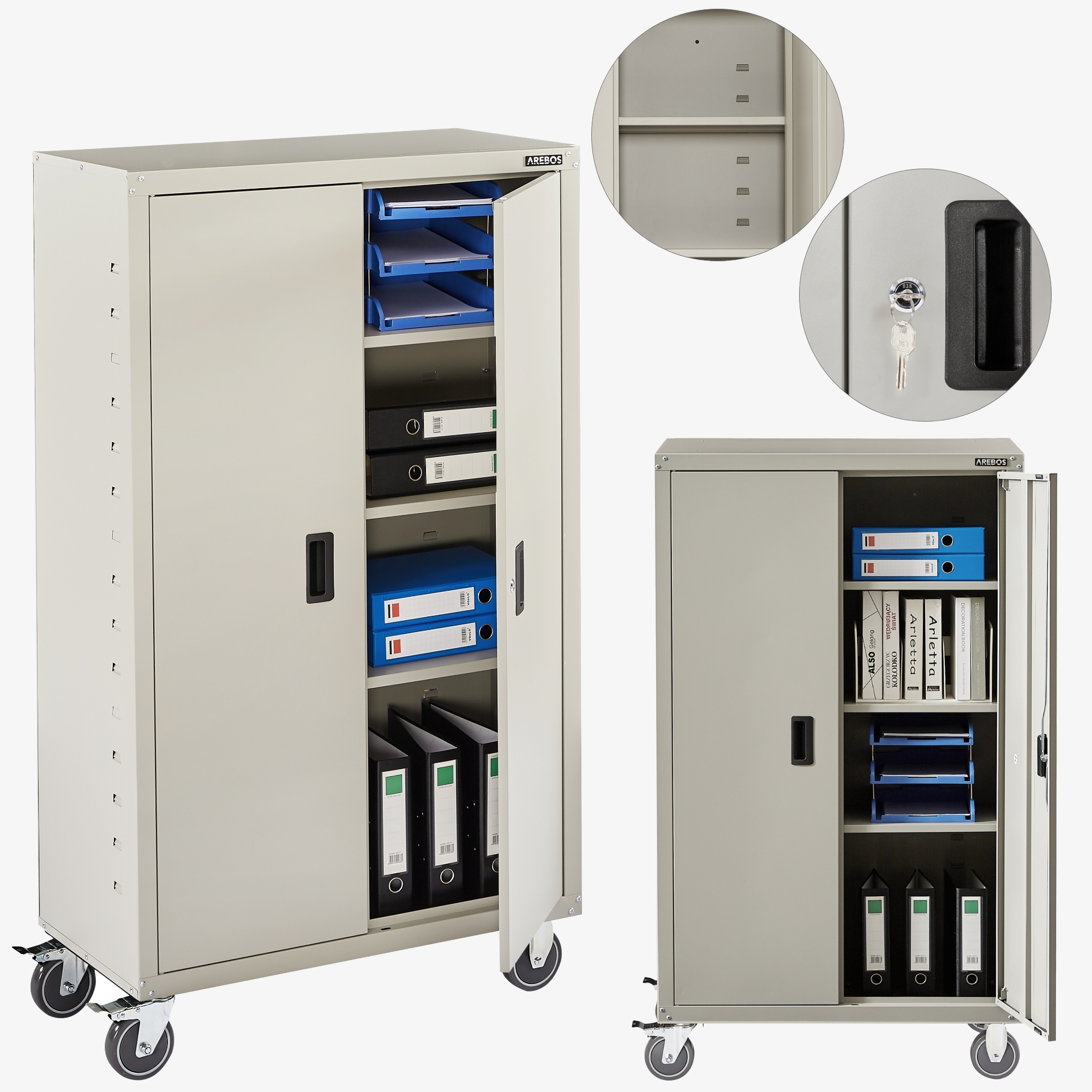 Arebos Armoire à dossier 155 x 90 x 40 cm avec roulettes et étagères réglables en hauteur