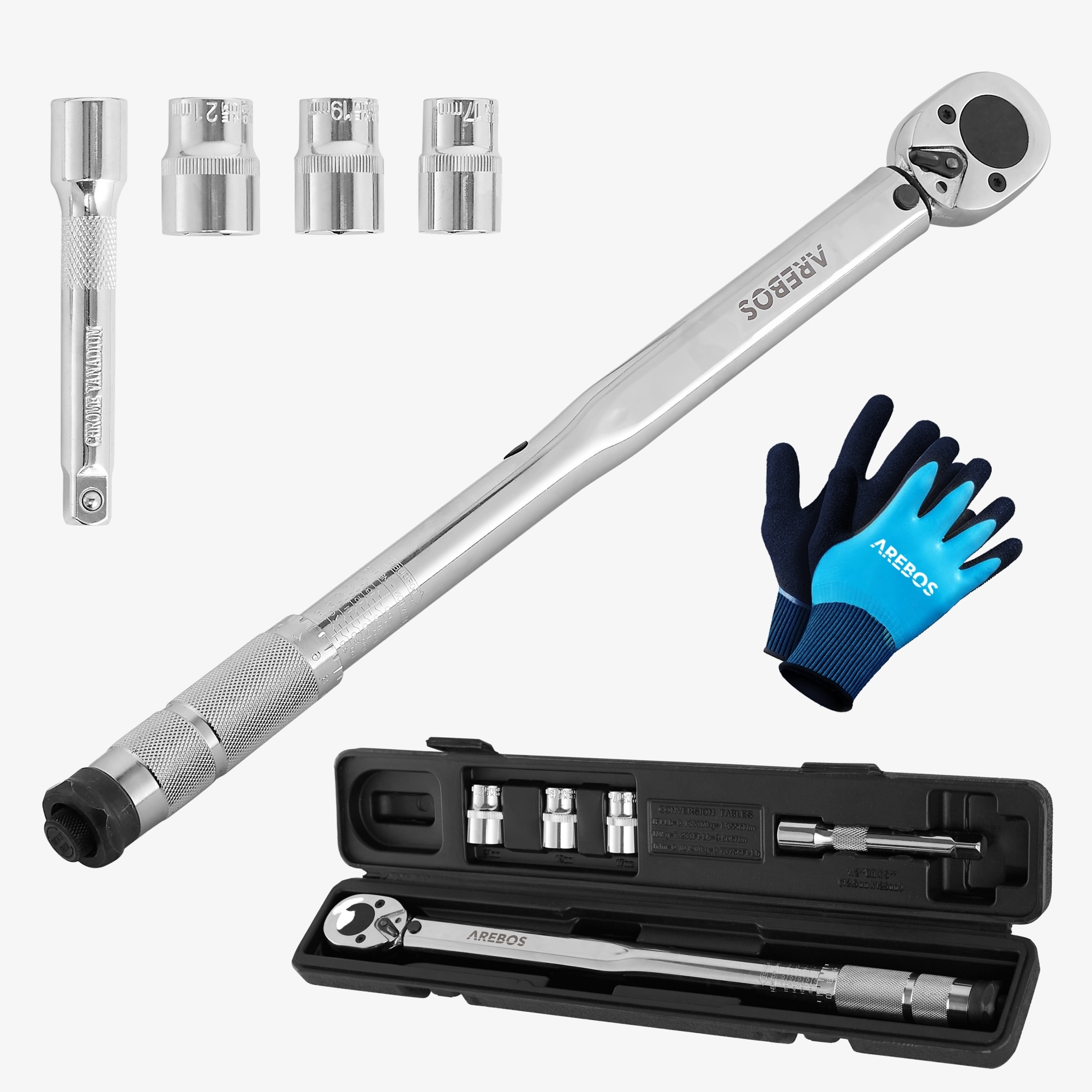 Arebos 6pcs 1/2 cliquet Clé dynamométrique 40-210NM Couple Noix Douilles