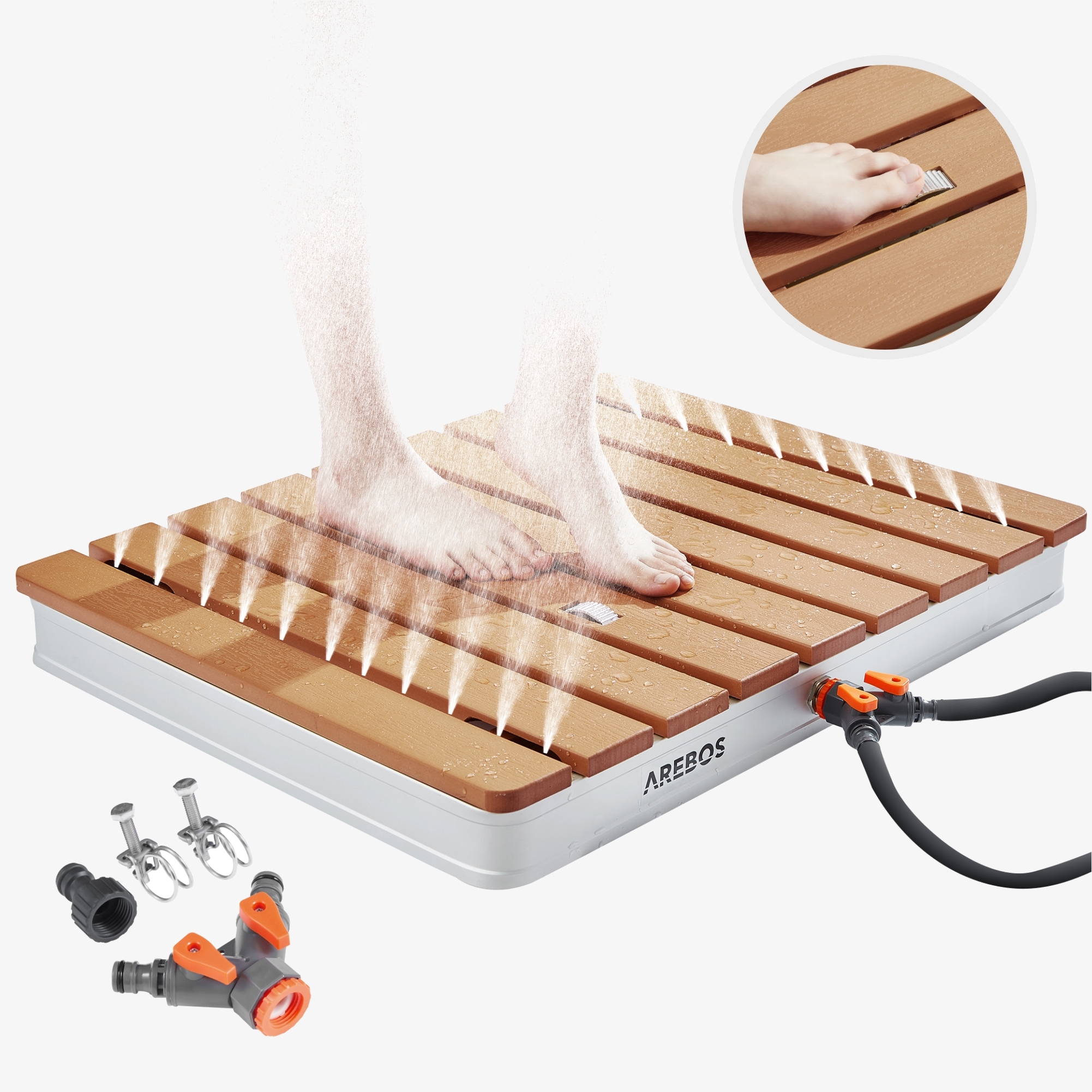 Arebos Douche de jardin | Douche d'extérieur | Douche de sol | hauteur des fontaines 4 m | avec roue à pied | Aspect bois