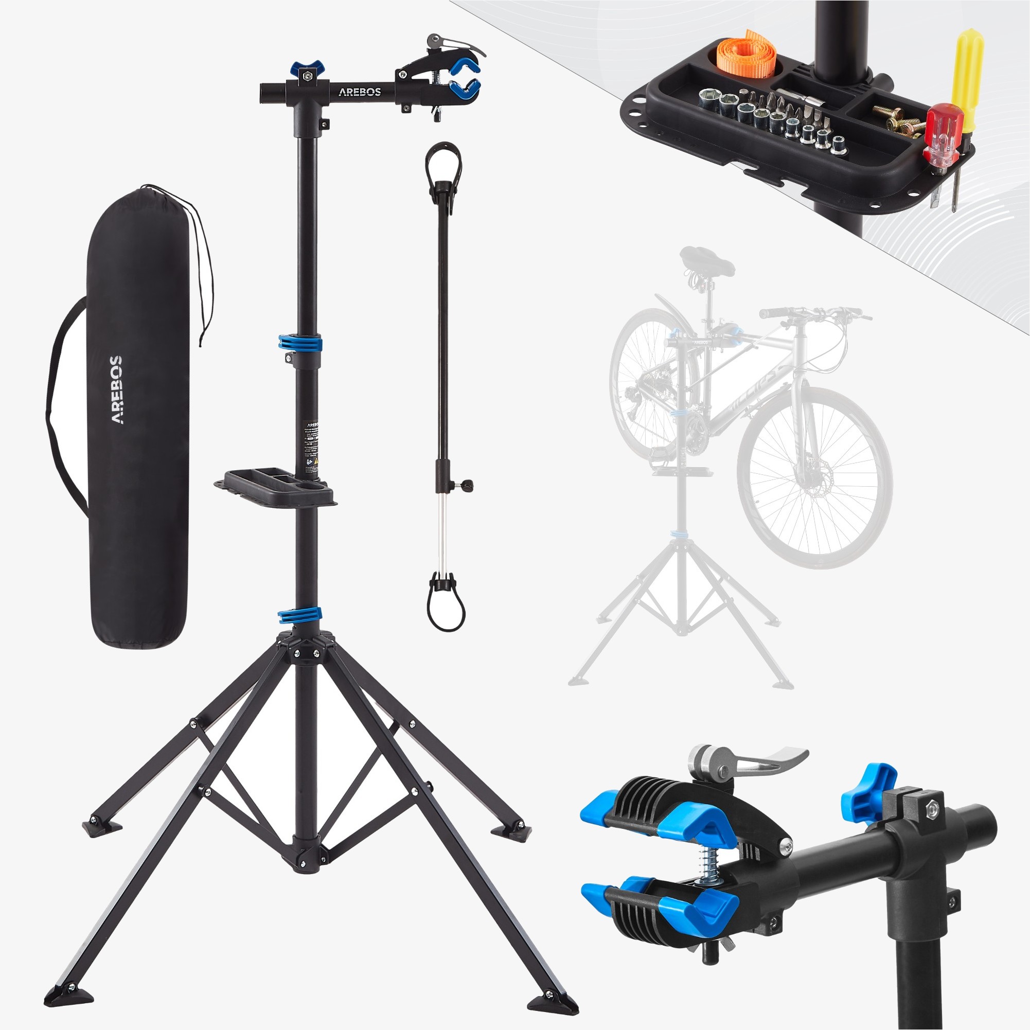 Arebos Support Réparation Vélo, Hauteur 122-188 cm, Pivotant, Charge max 30 kg, Sac de Transport Inclus