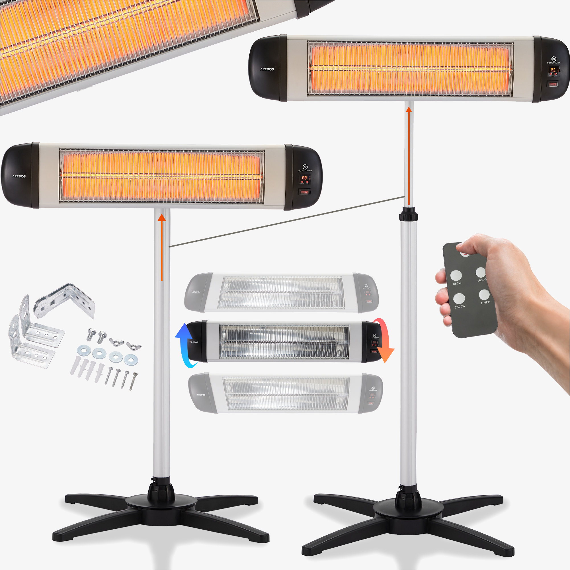 Arebos Chauffage infrarouge 2500 W avec télécommande & pied en croix, 3 niveaux de chauffage
