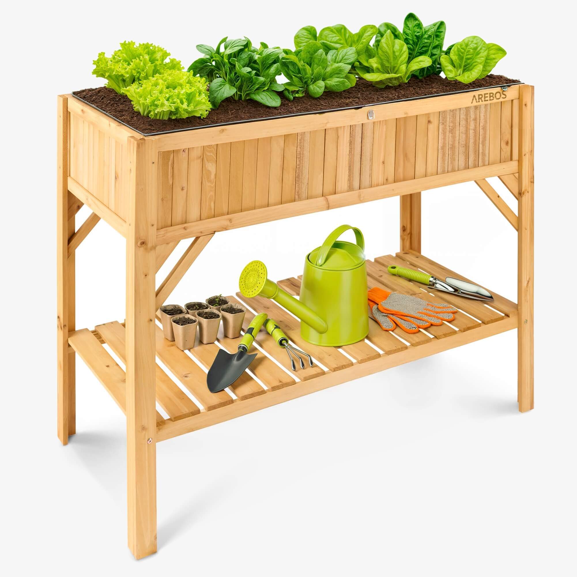 Arebos Lit surélevé en bois avec casier de rangement | pour jardin, balcon et terrasse | taille 119 x 53 x 90 cm