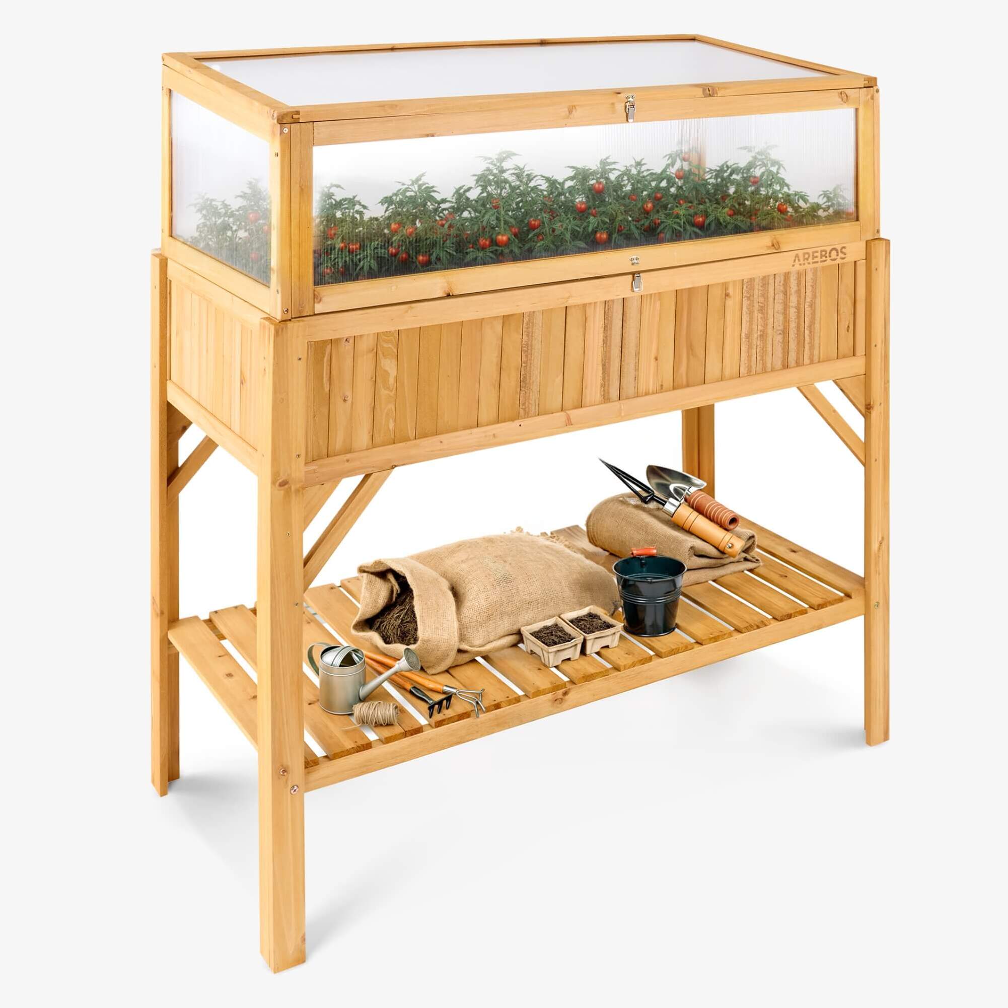 Arebos carré potager surélevé en bois avec étagère et serre | pour jardin, balcon et terrasse | capacité 191,4 L