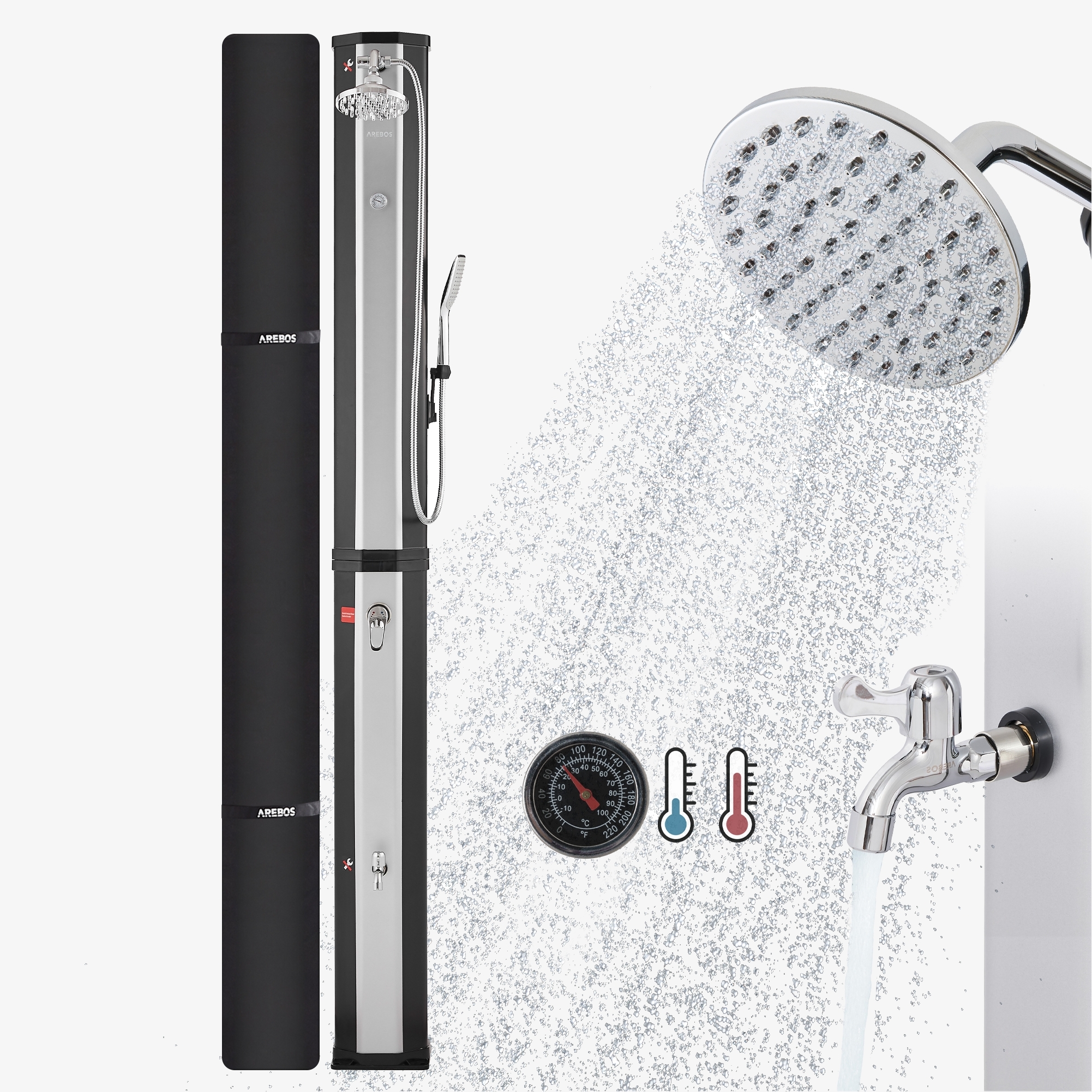 Arebos Douche solaire 60L avec douchette et thémomètre noir/argent, Snap IN et raccord rapide