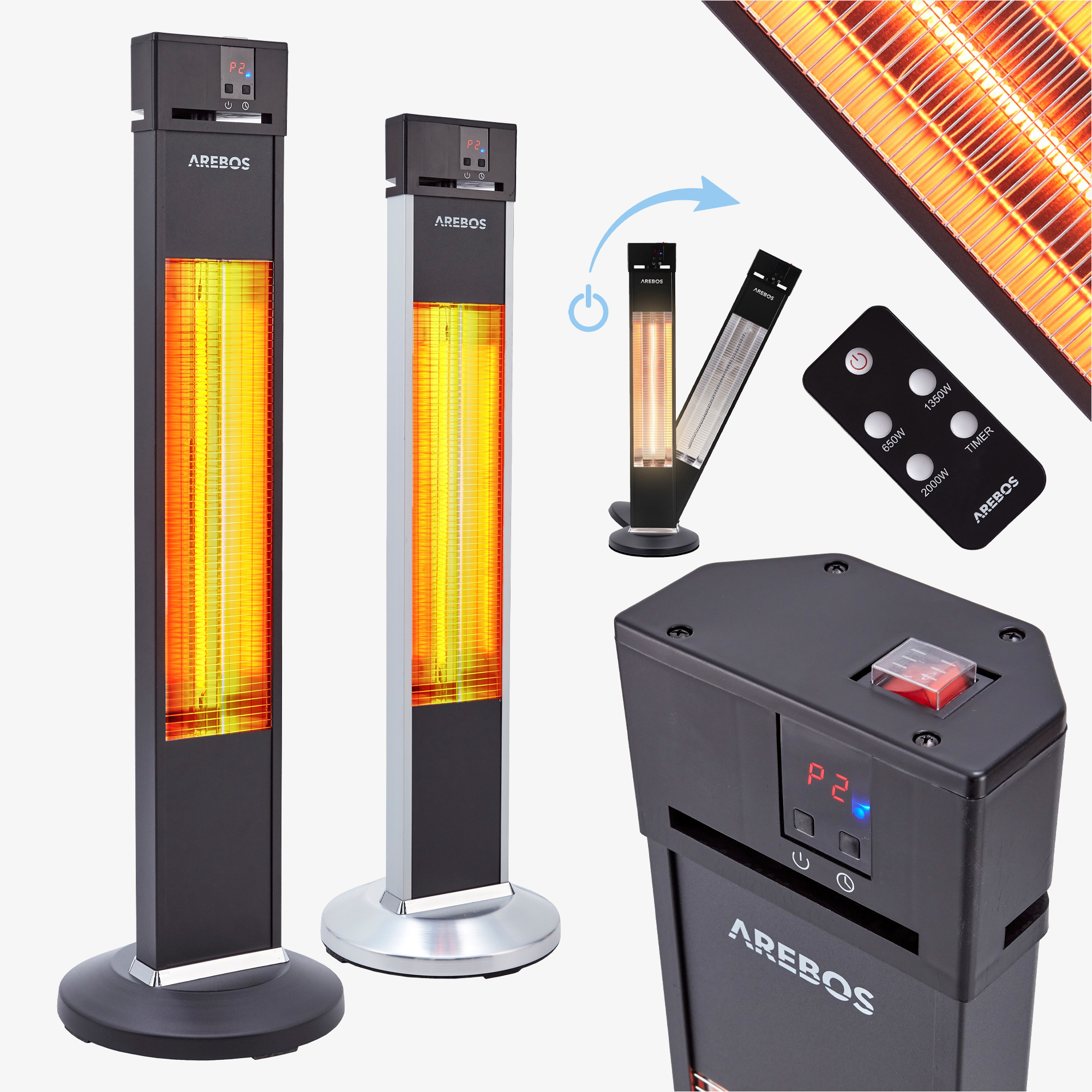 Arebos Chauffage de terrasse infrarouge 2000W - 3 niveaux de chauffage, télécommande incluse, sur pied