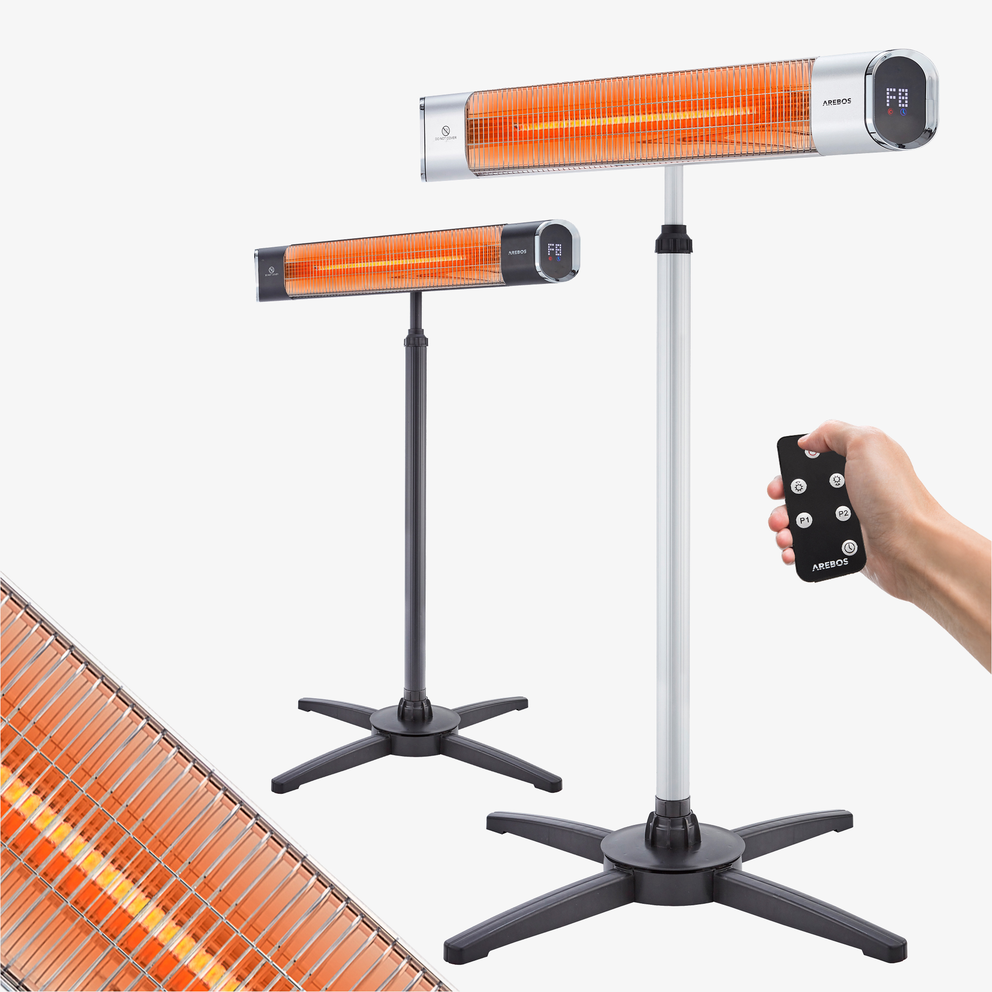 Arebos Chauffage infrarouge Premium 2000W - avec trépied, 3 niveaux de chauffage, télécommande incluse