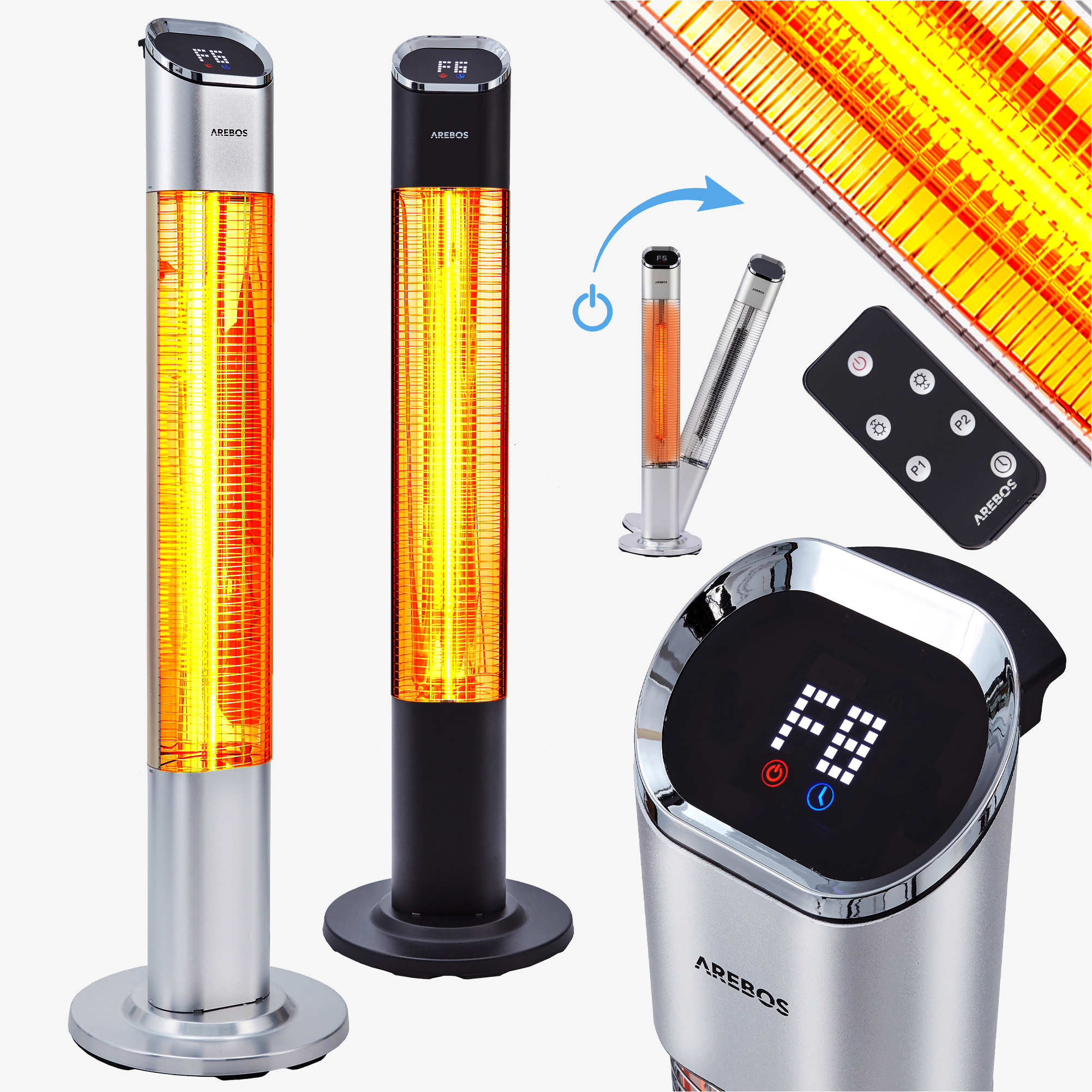 Arebos Chauffage de terrasse infrarouge Premium 2000W - 3 niveaux de chauffage, télécommande incluse