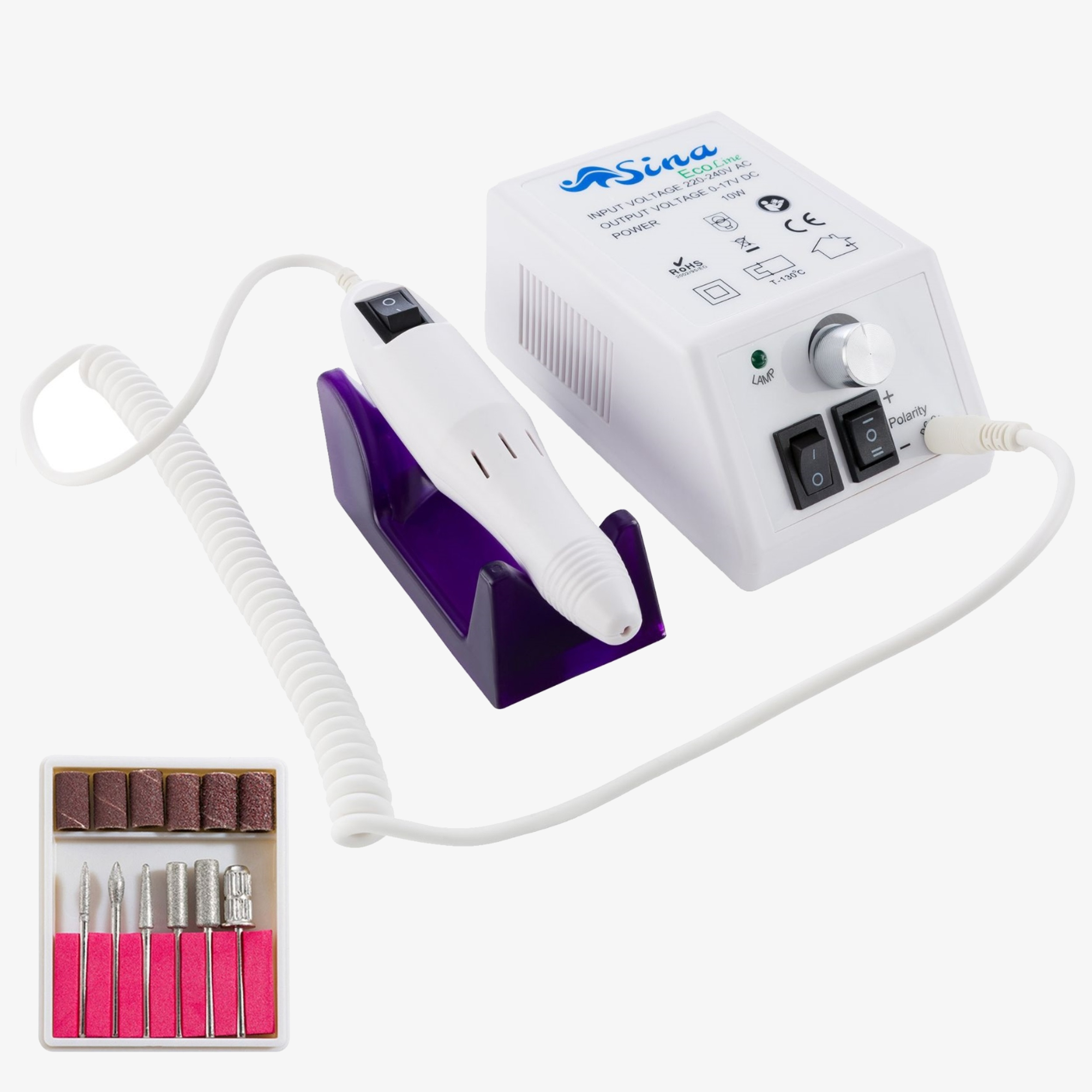 SINA Fraise à ongles Manucure Kit Eco line Blanc - Lime à ongles électrique avec 6 embouts