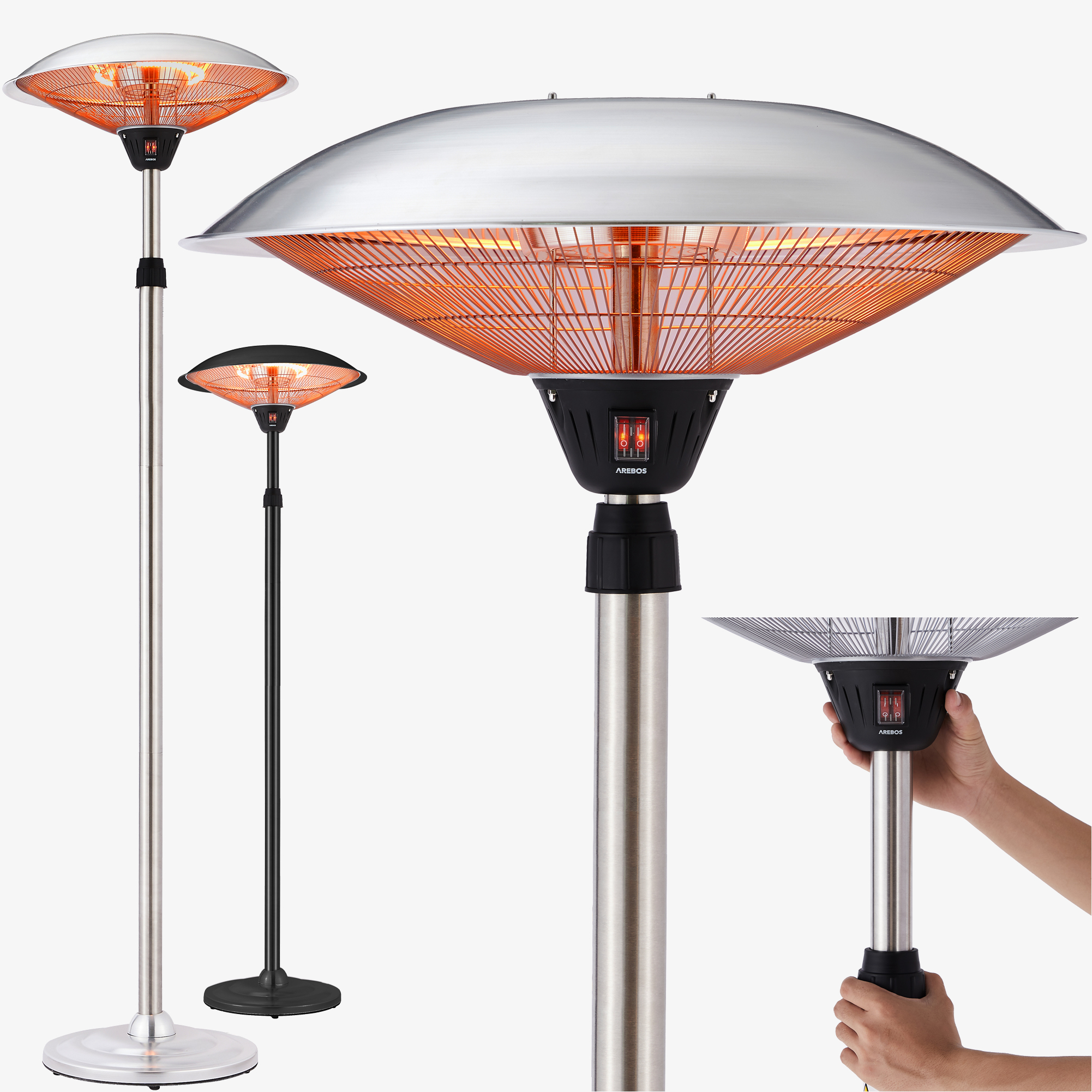 Arebos Chauffage de terrasse infrarouge 2000W - 3 niveaux de chauffage, télécommande incluse, LowGlare