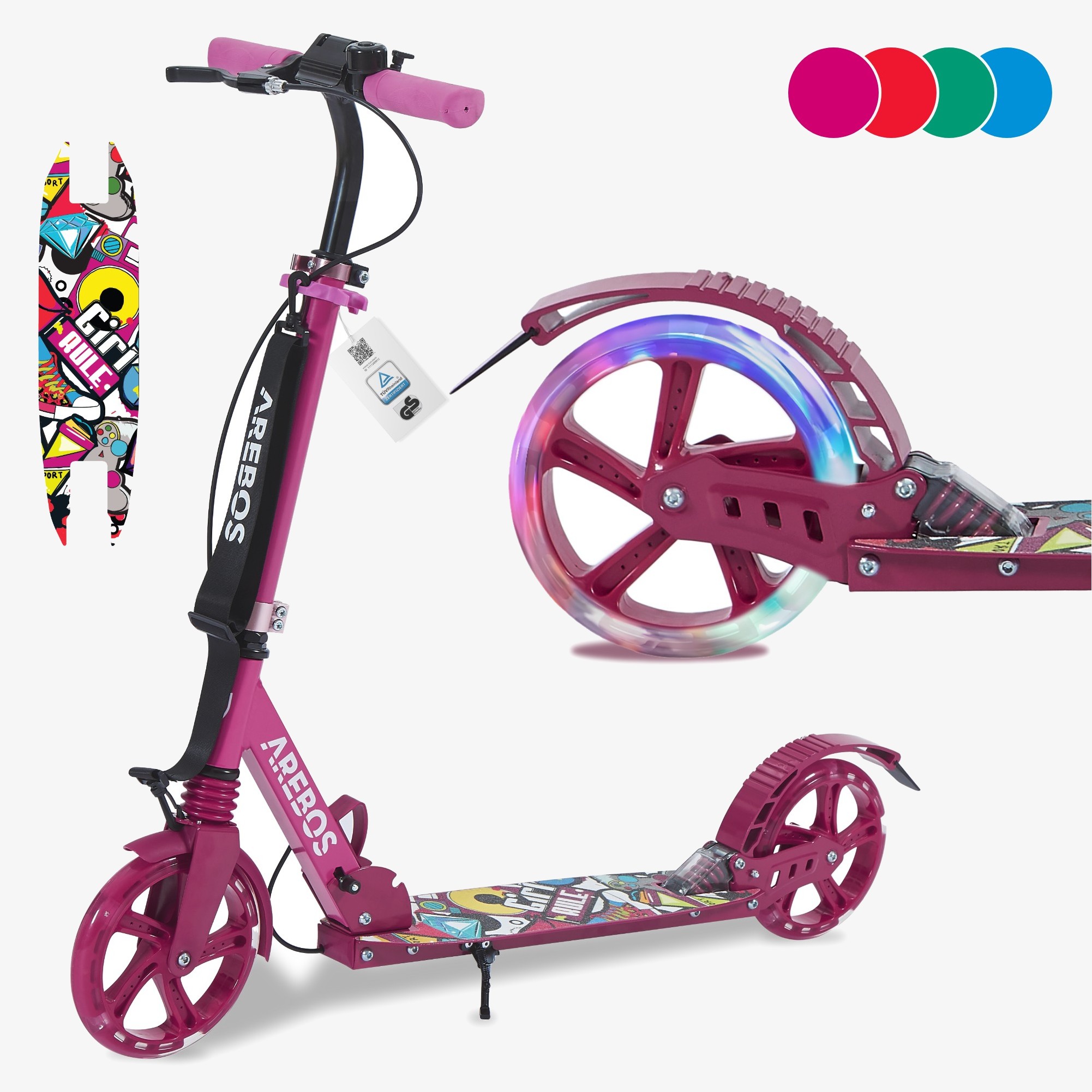Arebos Trottinette Scooter avec pneus LED, frein à main & à pied, sonnette, béquille latérale, sangle de transport