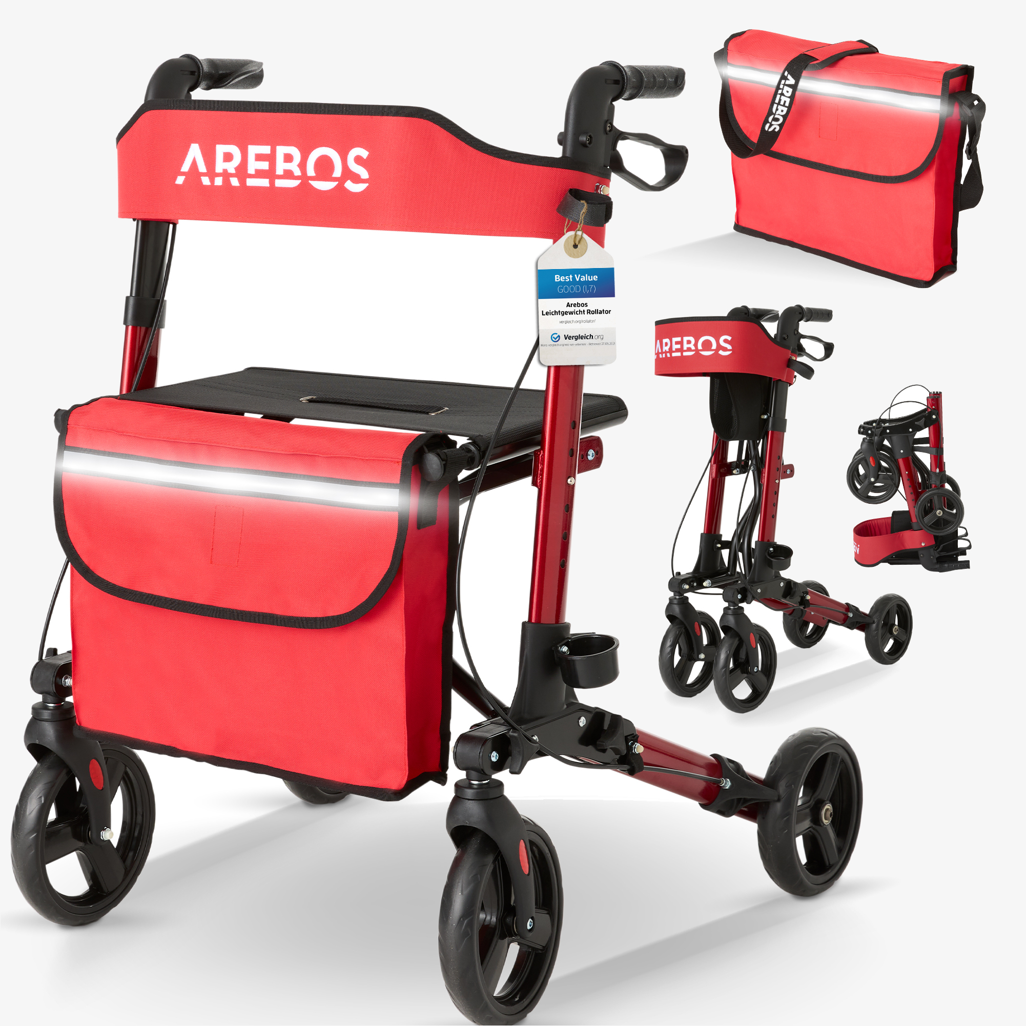 Arebos Déambulateur 4 Roues Déambulateur Pliable/Rollator Assise et dossier max.135 kg
