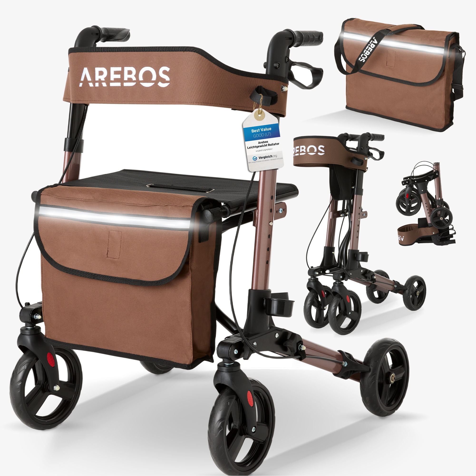 Arebos Déambulateur 4 Roues Déambulateur Pliable/Rollator Assise et dossier max.135 kg