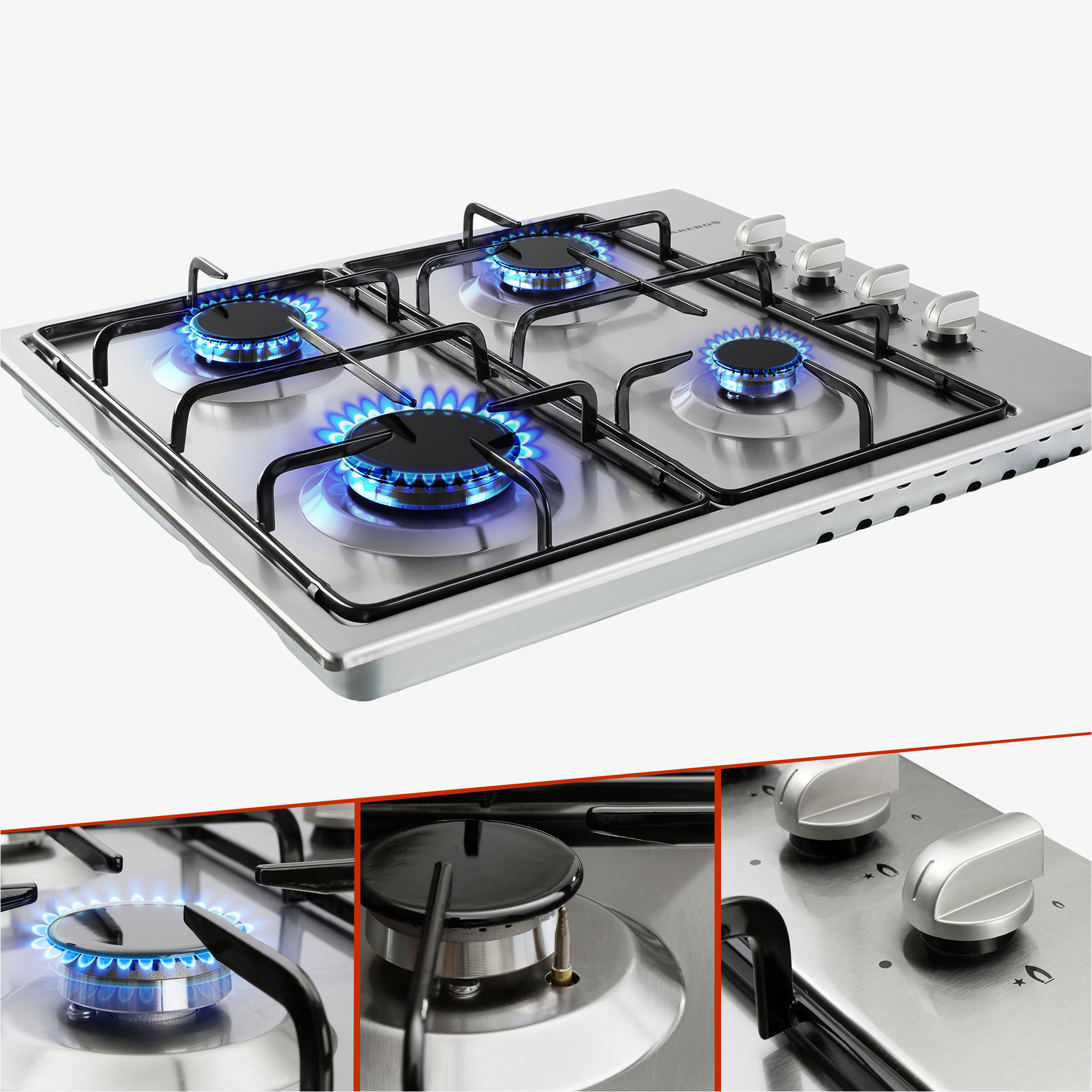 Arebos Plaque de cuisson gaz 4 feux Acier inoxydable Grilles et veilleuse 4 flammes