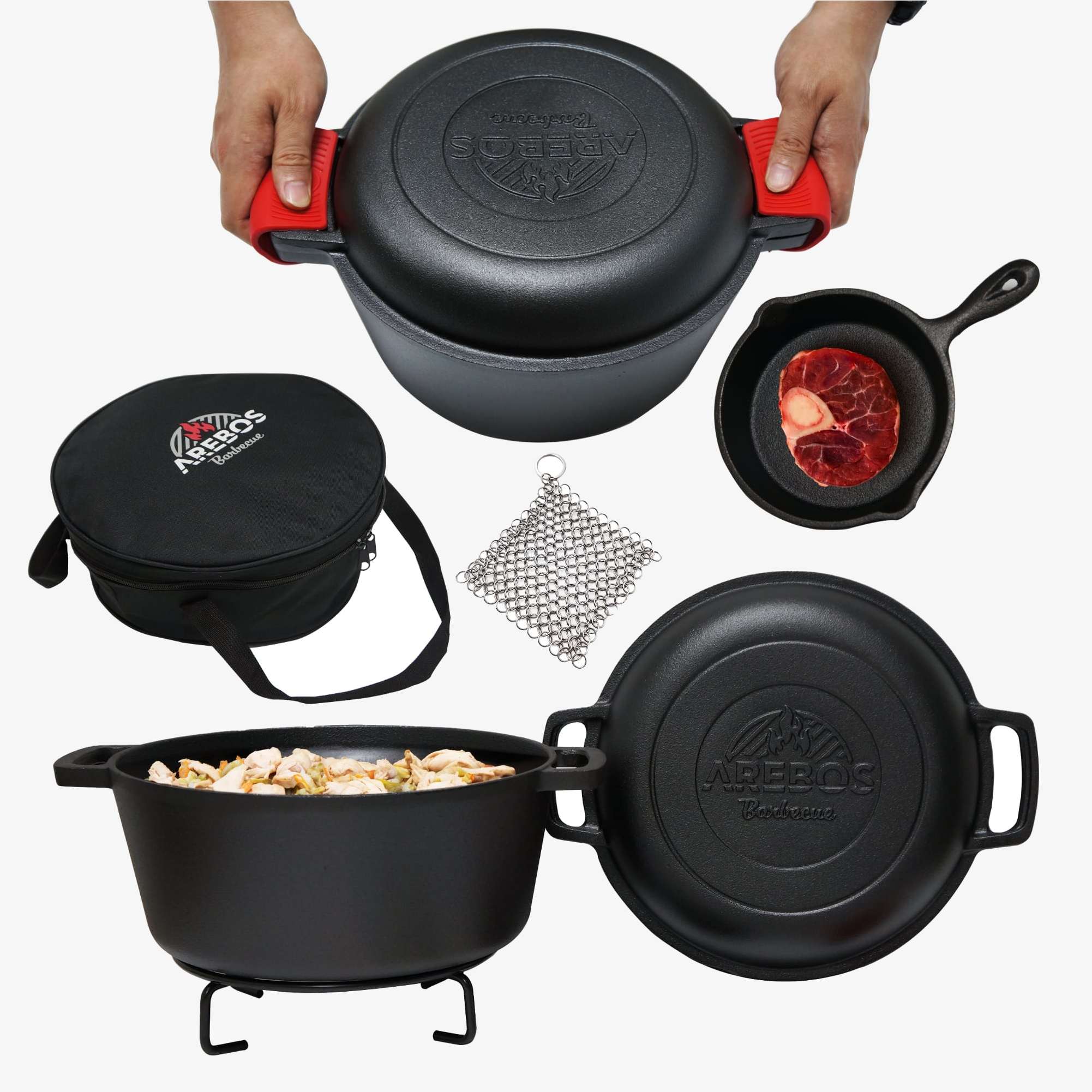 Arebos Casserole Dutch Oven 2in1 Marmite et poêle en fonte Marmite de cuisson Gril