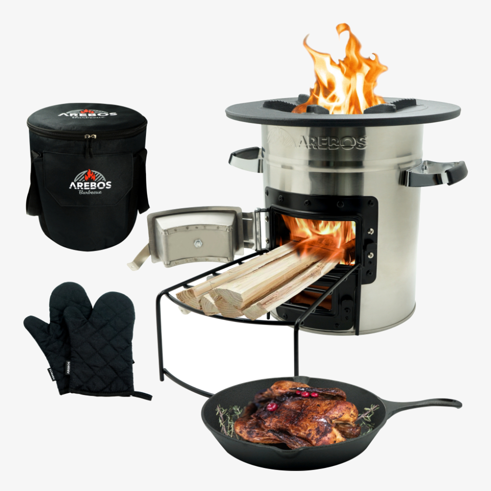 Arebos Four-fusée avec grill, gants et sac de transport Dutch Oven BBQ Rocket Stove Four de camping