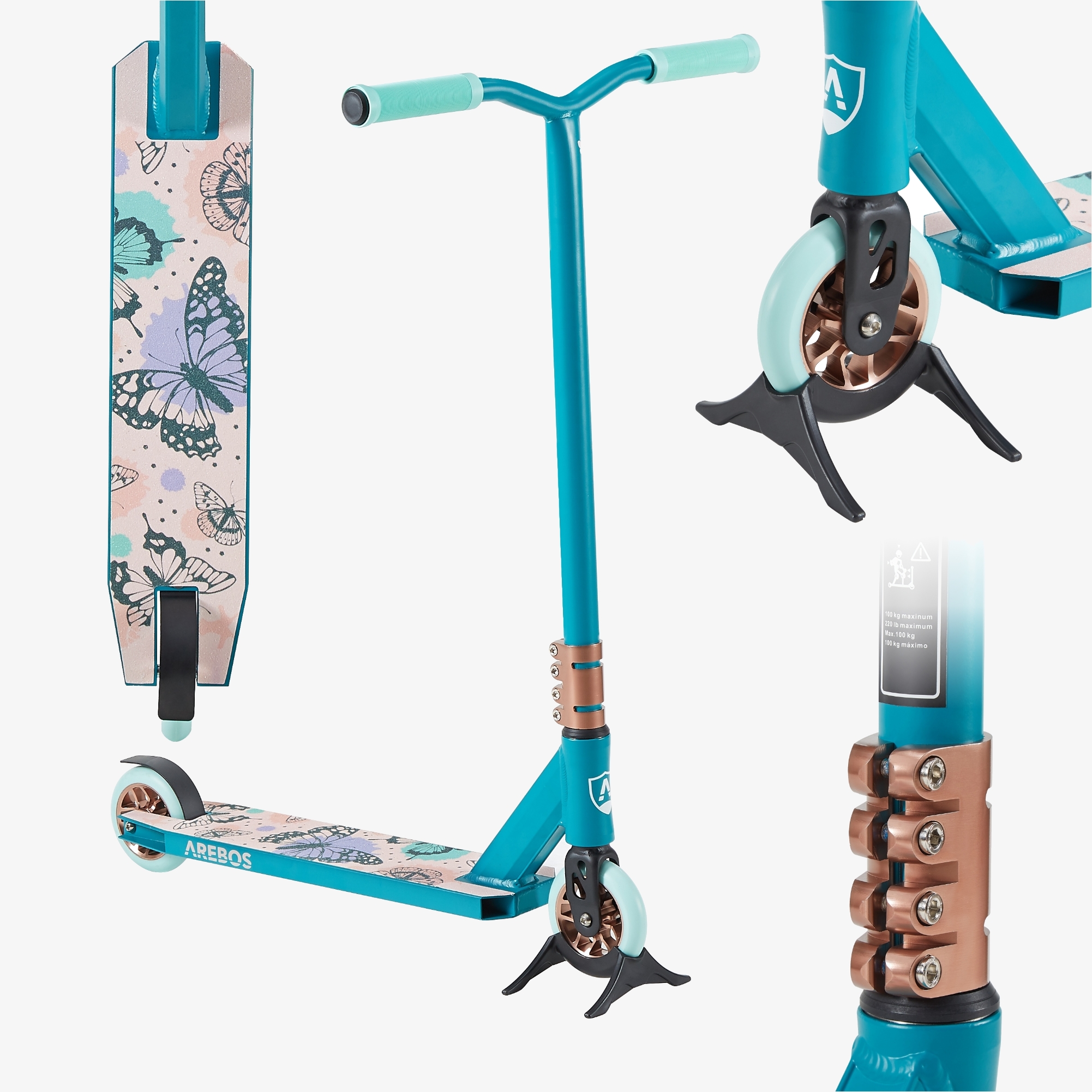 Arebos Trottinette Stunt Scooter Turquoise - Roulements à billes ABEC 9, capacité de charge 100kg, avec béquille