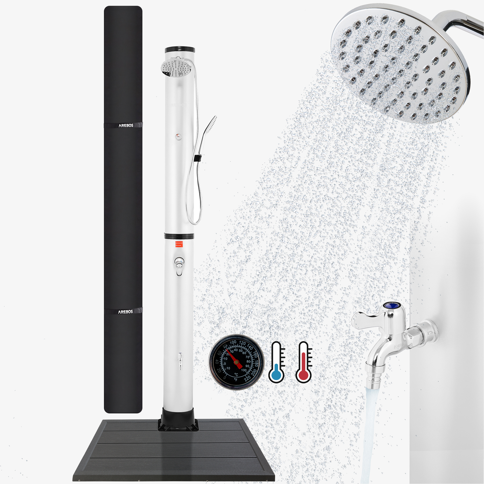 Arebos Douche solaire 40L Premium & élément de sol imitation bois, y compris capot & douche de pied