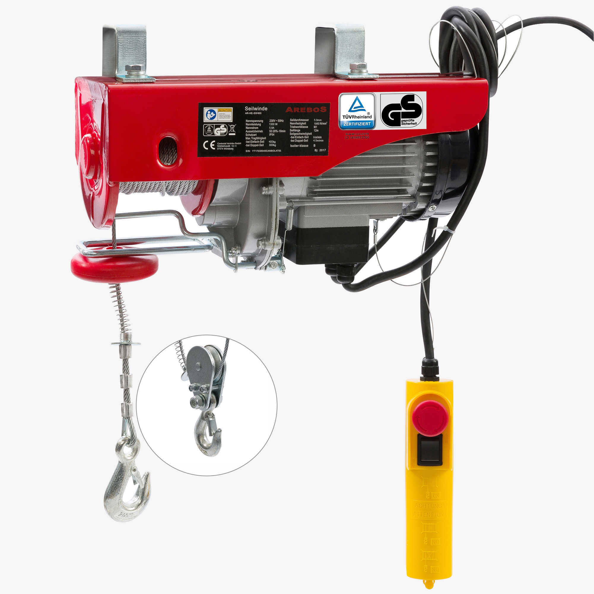 Arebos Treuil Palan électrique 400/800kg 1300W Treuil Palan à Chaine à Levier Ascenseur levage