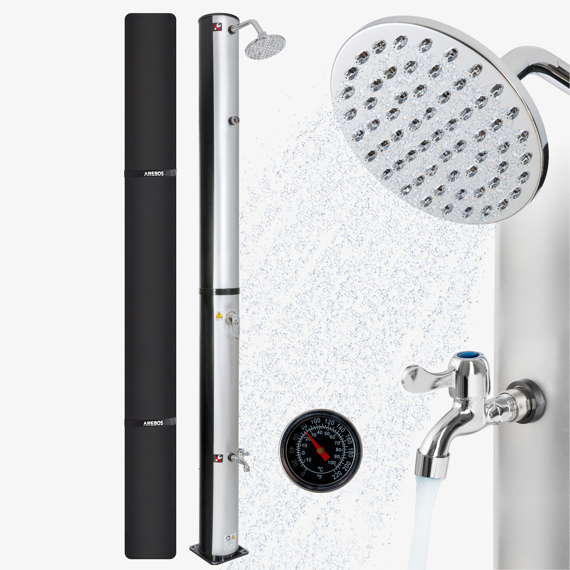 Arebos Douche solaire 40L argent avec thermomètre,raccord rapide, capot inclus, douche de pied