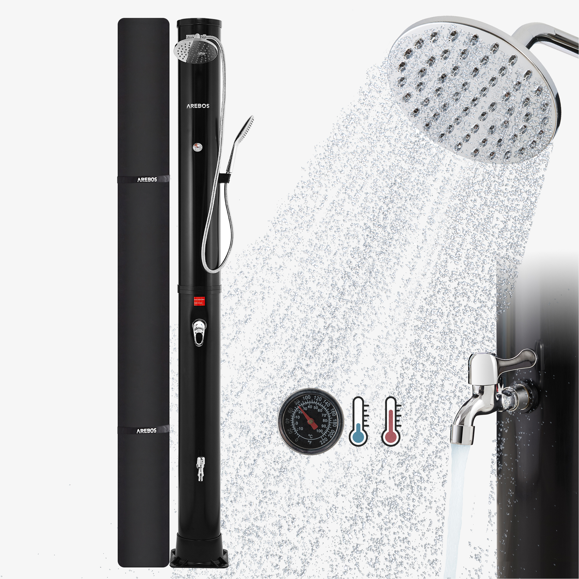 Arebos Douche solaire 40L Premium noire avec thermomètre, douche manuelle, avec capot, douche de pied