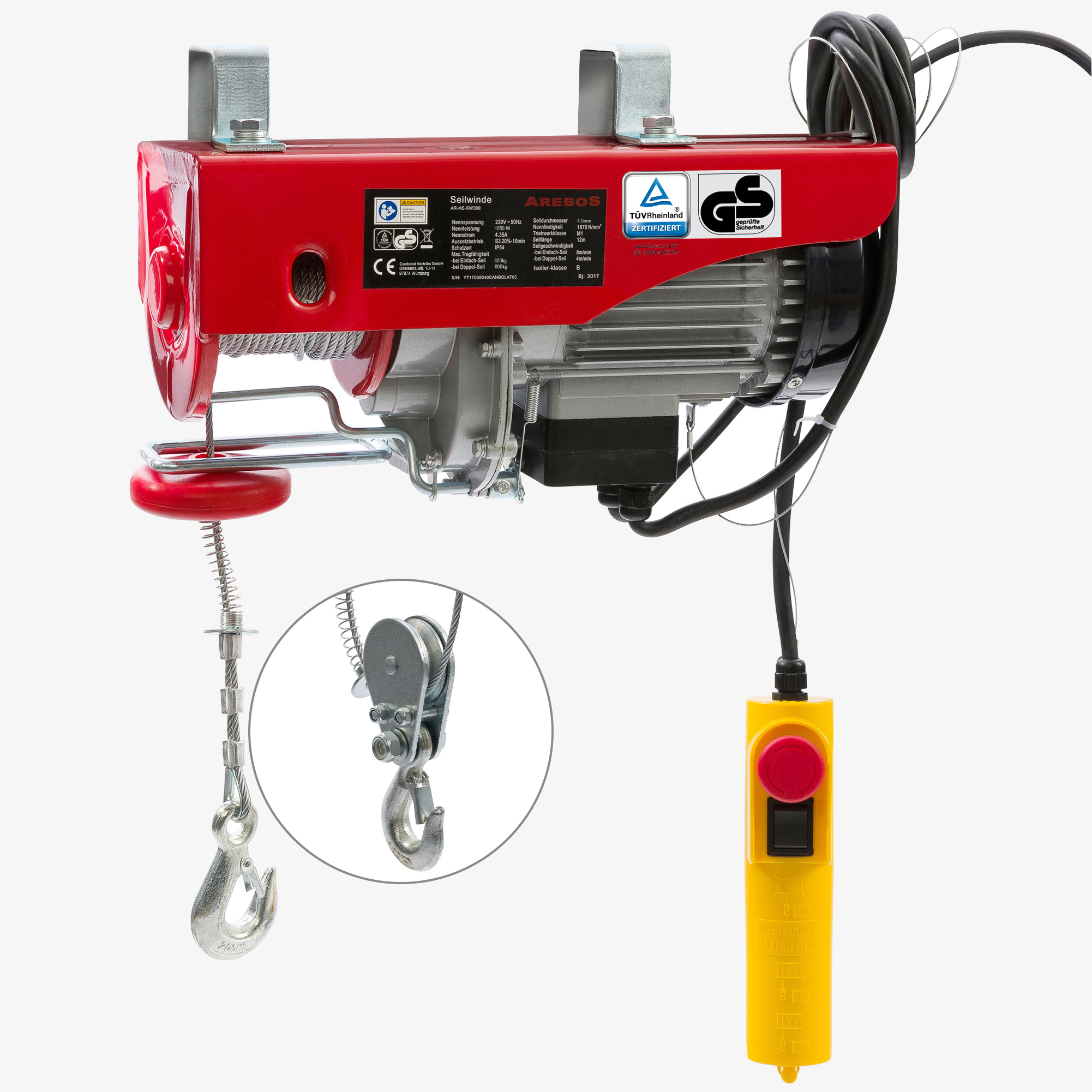 Arebos Treuil Palan électrique 300/600kg 1000W Treuil Palan à Chaine à Levier Ascenseur levage