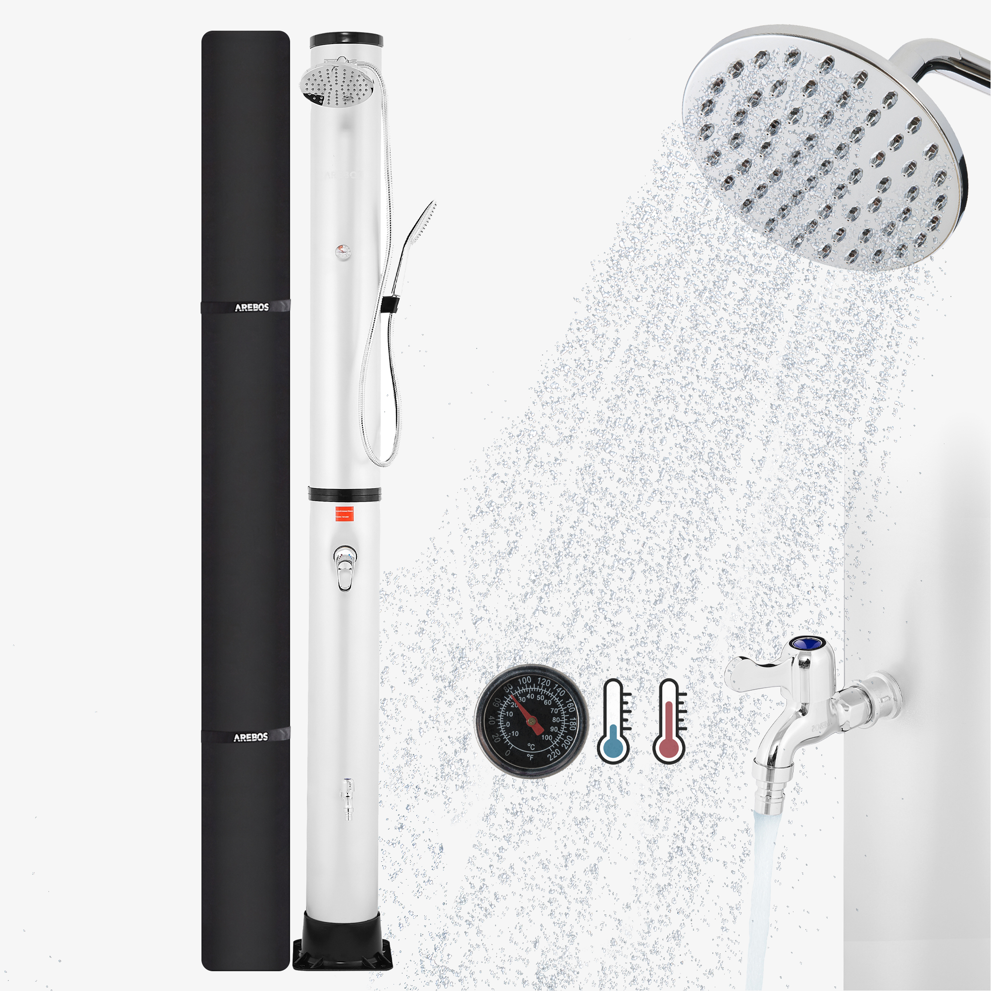 Arebos Douche solaire 40L Premium argent avec thermomètre, douche manuelle, avec capot, douche de pied