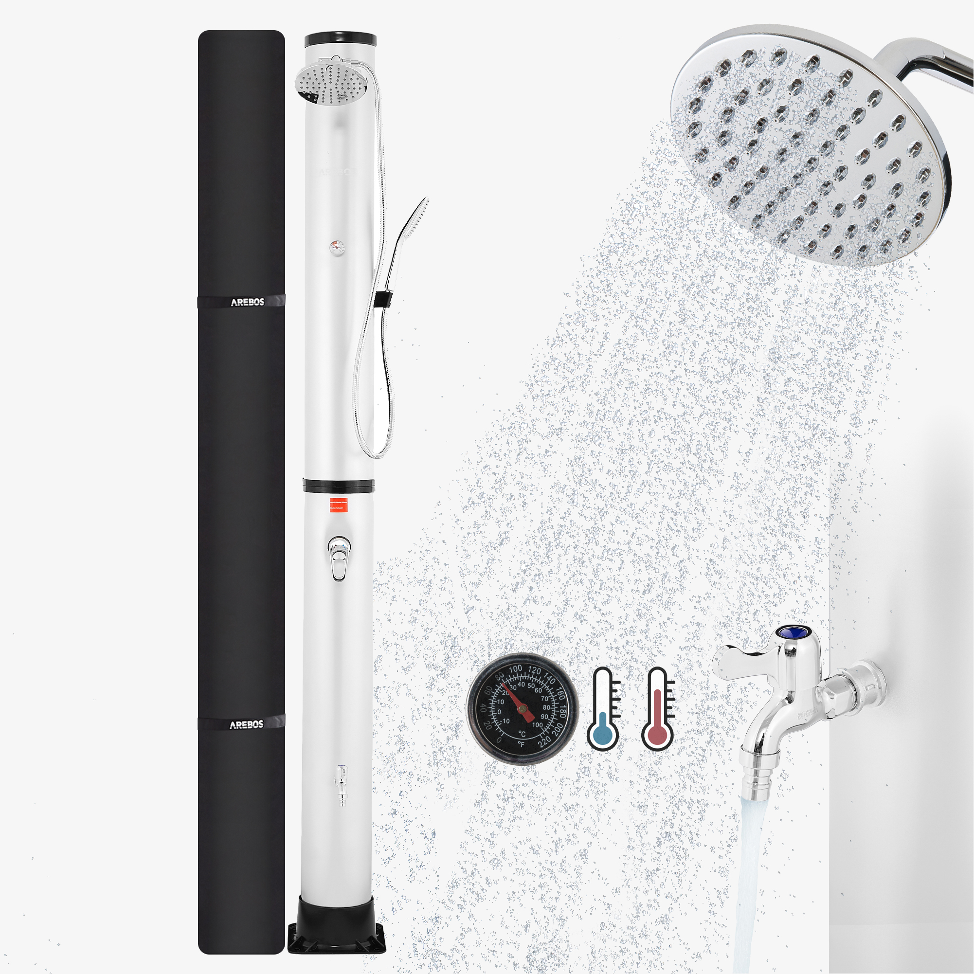 Arebos Douche solaire 40L Premium argent avec thermomètre, douche manuelle, avec capot, douche de pied