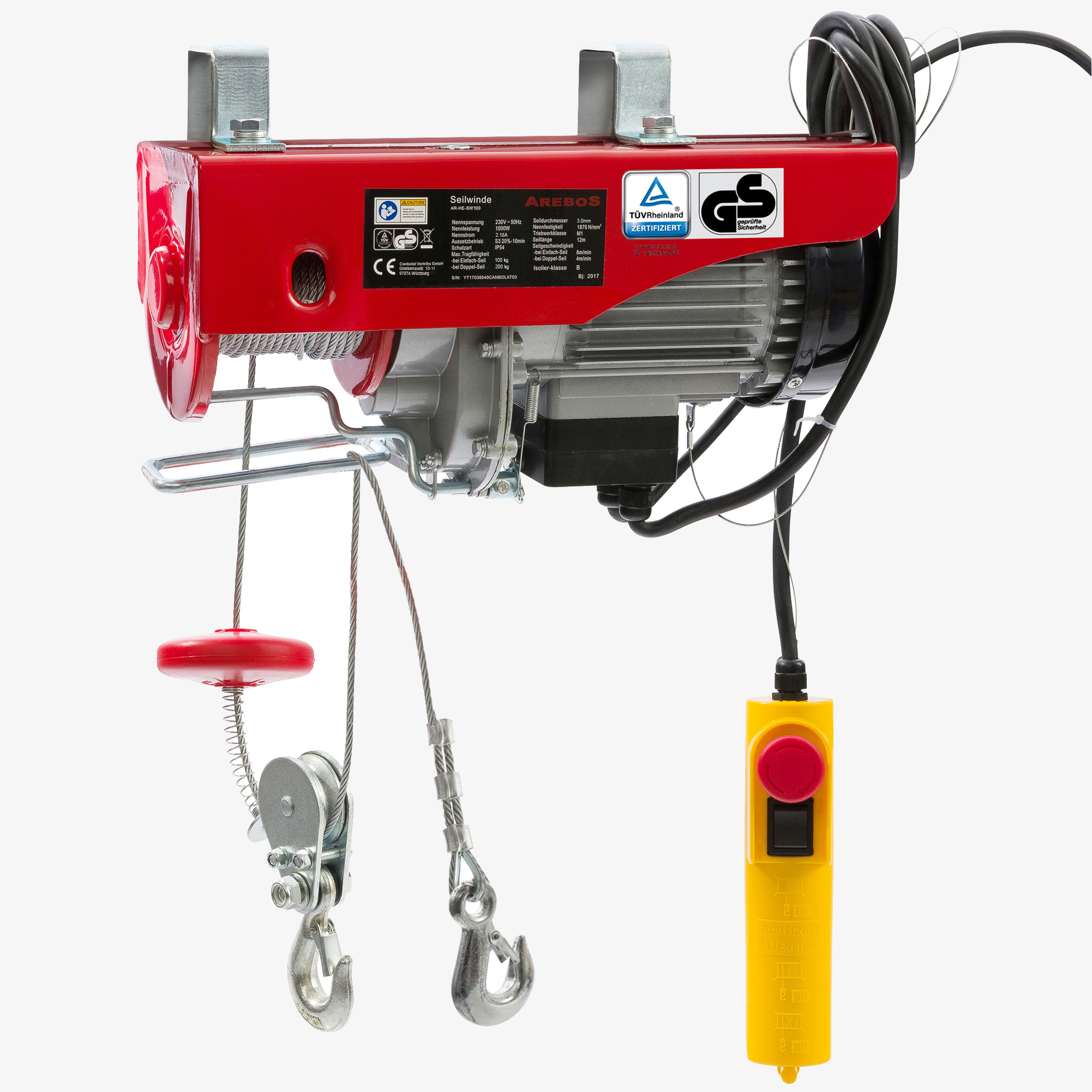 Arebos Treuil Palan électrique 100/200 kg 500W Treuil Palan à Chaine à Levier Ascenseur levage