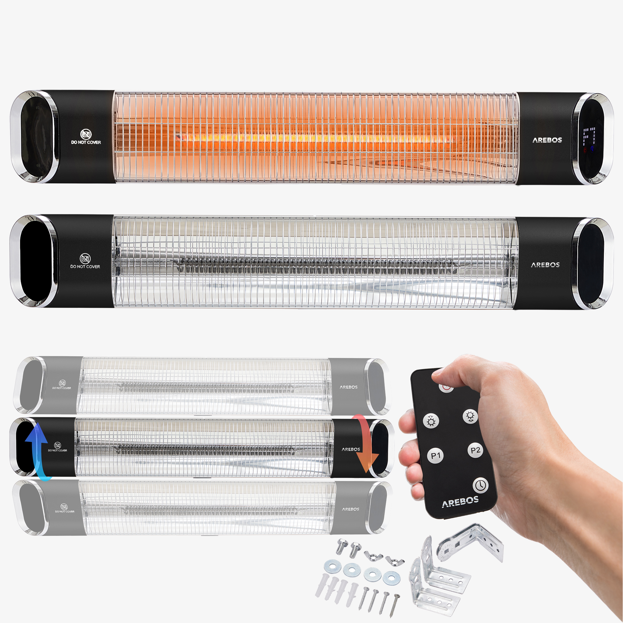 Arebos Chauffage infrarouge Premium 2000W - pour montage mural, 3 niveaux, télécommande incluse