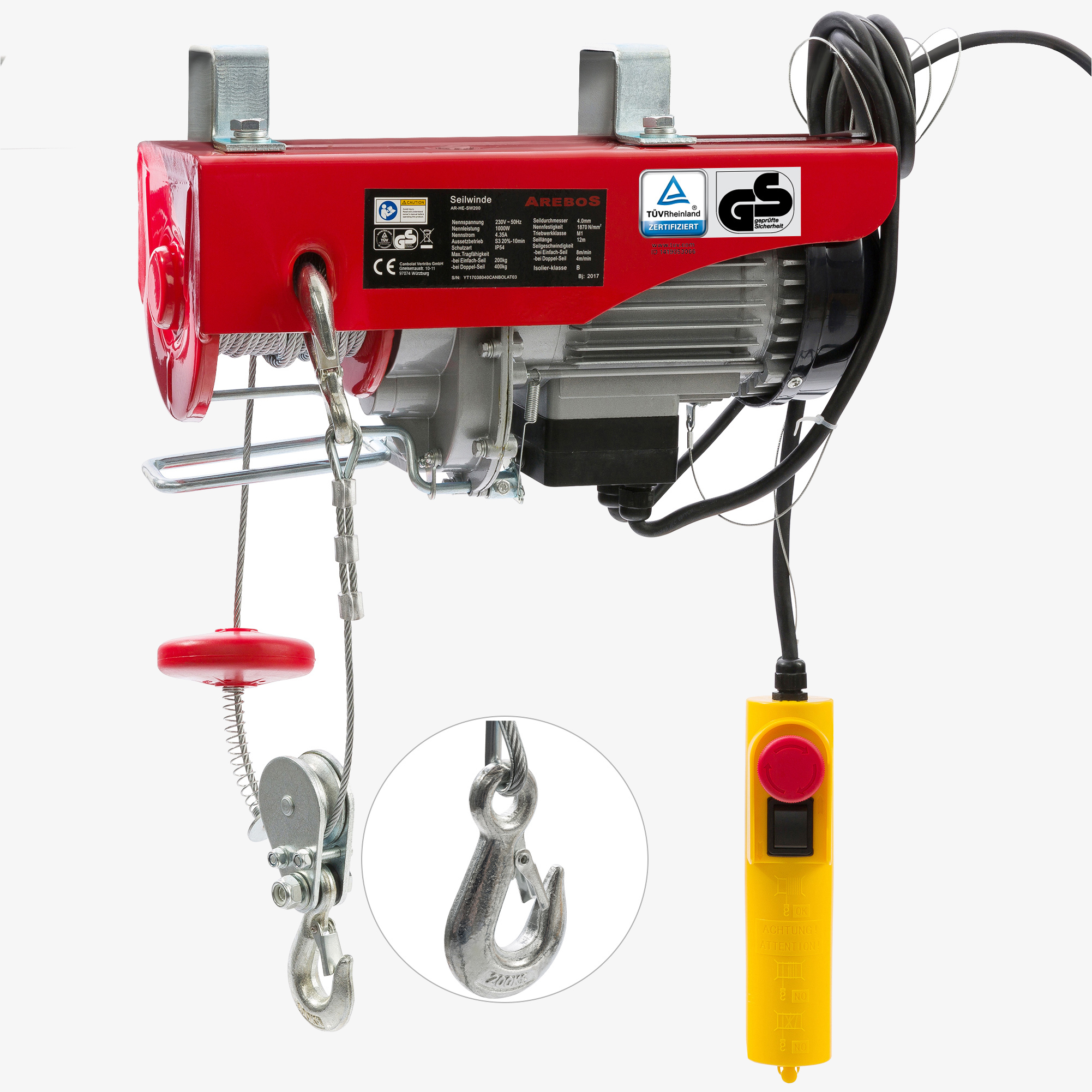 Arebos Treuil Palan électrique 200/400kg 1000W Treuil Palan à Chaine à Levier Ascenseur levage