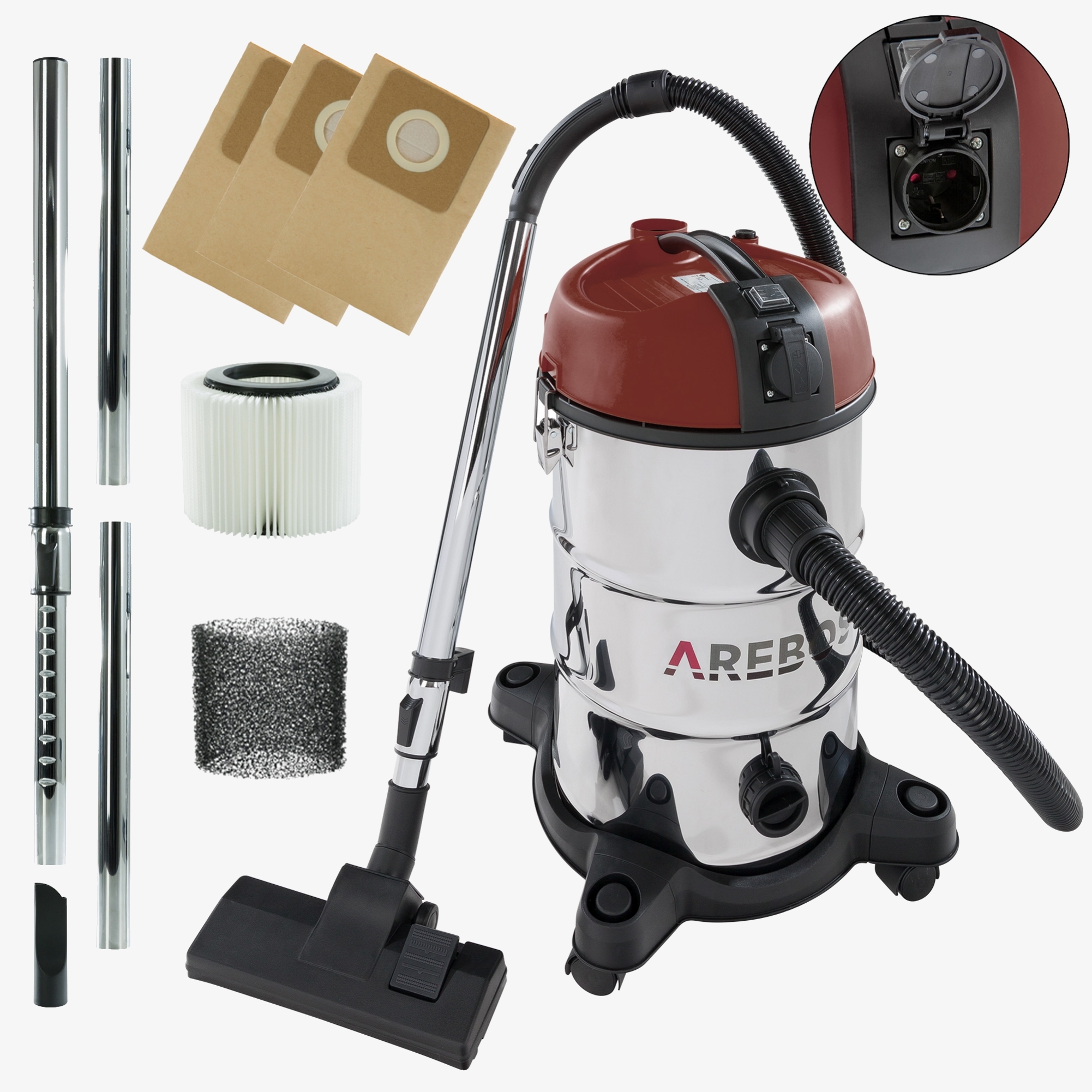 Arebos Aspirateur industriel 1300W - Aspirateur 30l,eau/sec,aspirateur à cendres avec & sans sac