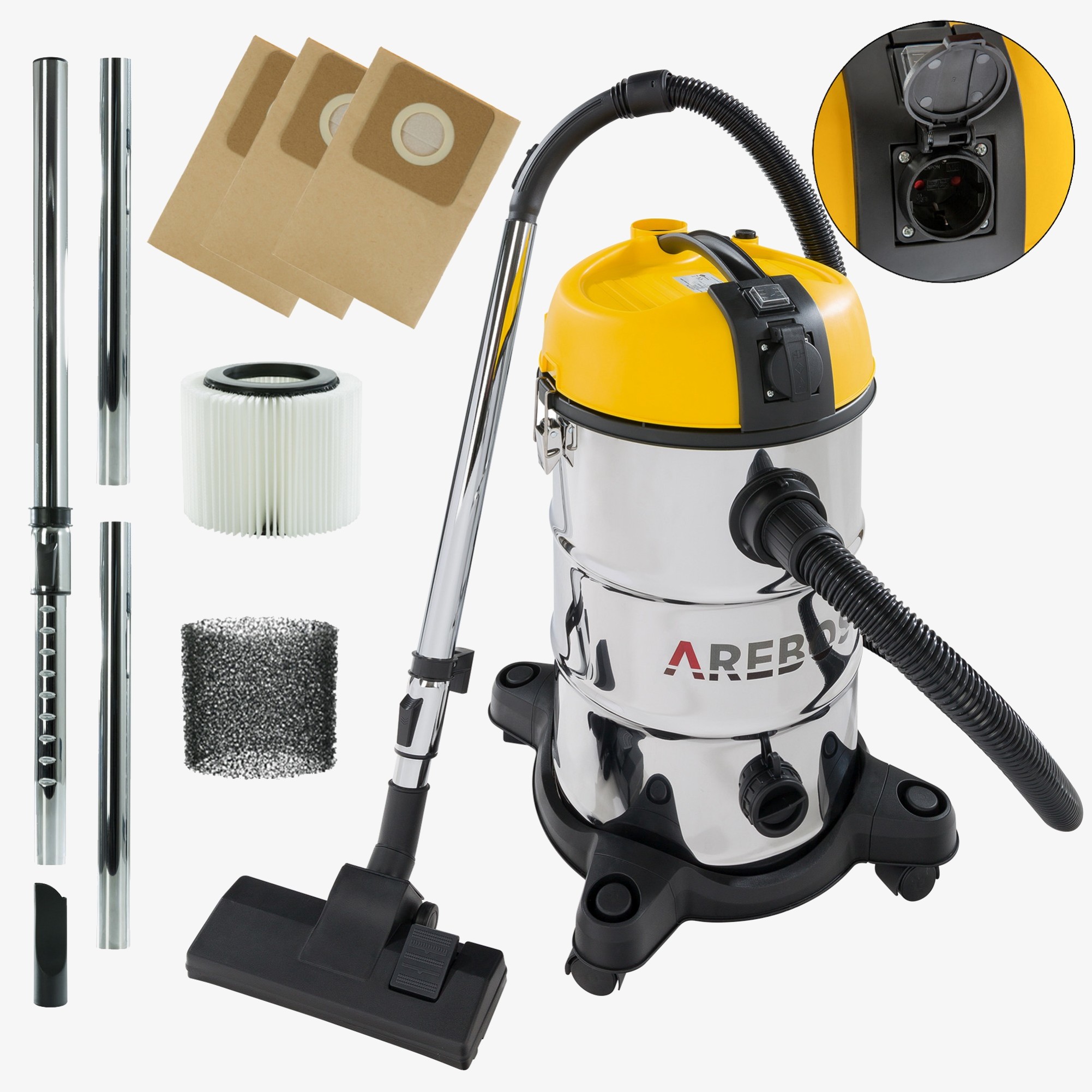Arebos Aspirateur industriel 1300W - Aspirateur 30l,eau/sec,aspirateur à cendres avec & sans sac