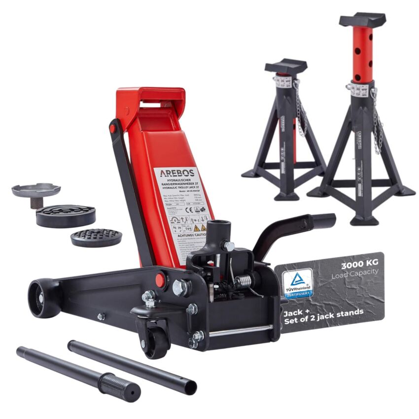 Cric de manœuvre 3T avec pédale + 2 pcs. Tréteaux de support