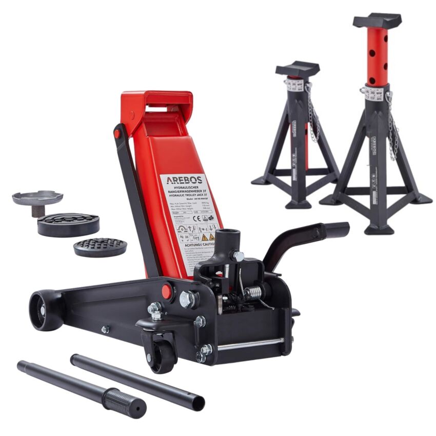 Cric de manœuvre 3T avec pédale + 2 pcs. Tréteaux de support