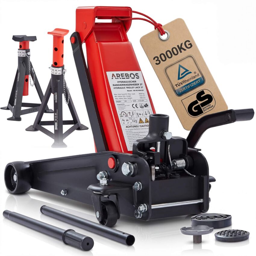 Cric de man&oelig;uvre 3T avec p&eacute;dale + 2 pcs. Tr&eacute;teaux de support