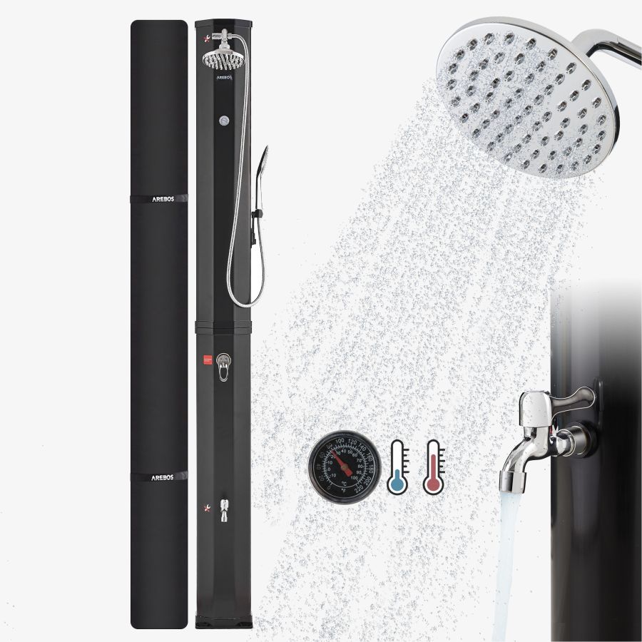 Douche solaire 60L avec thermomètre et douchette noire