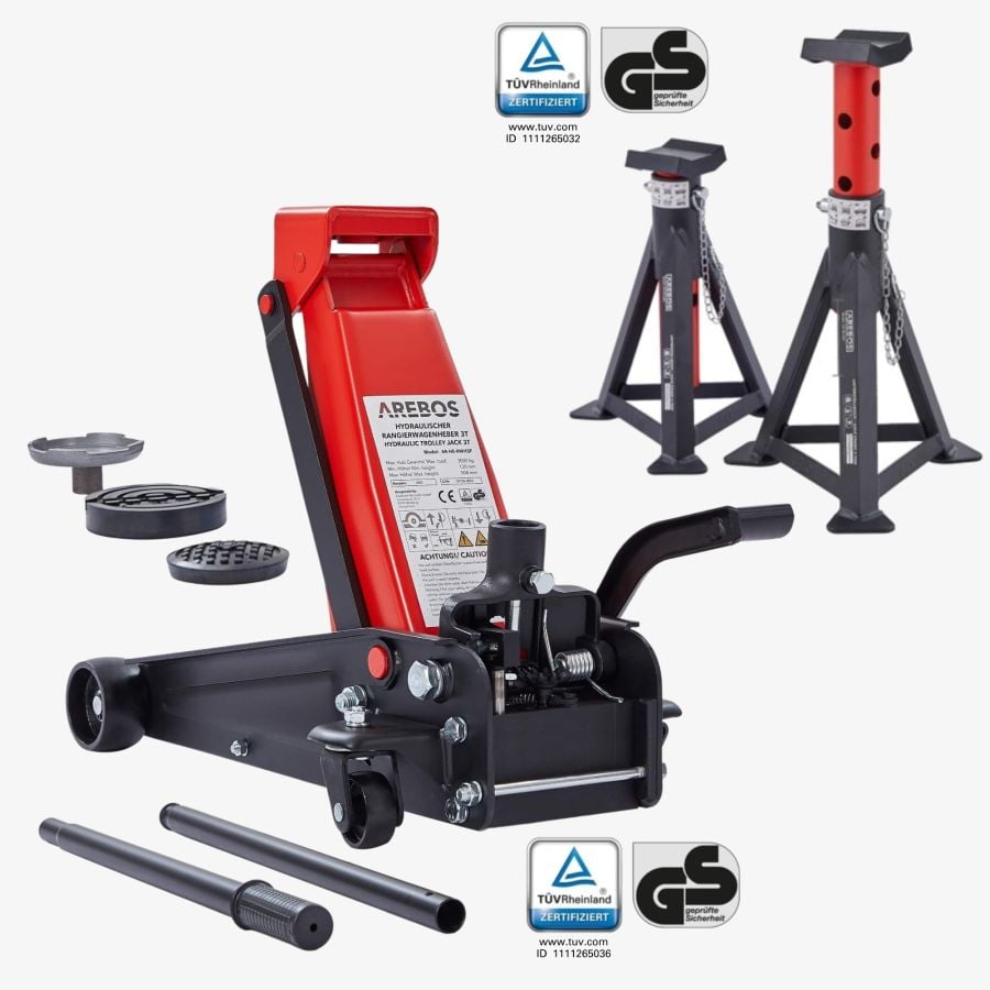 Cric de manœuvre 3T avec pédale + 2 pcs. Tréteaux de support