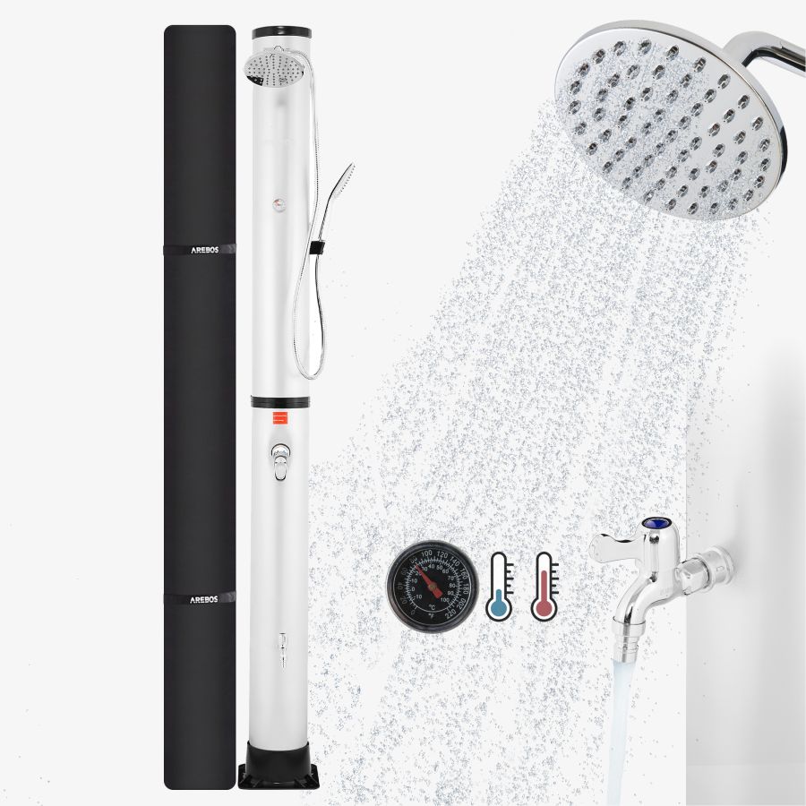 Douche solaire 40L avec thermomètre & douche à main argentée