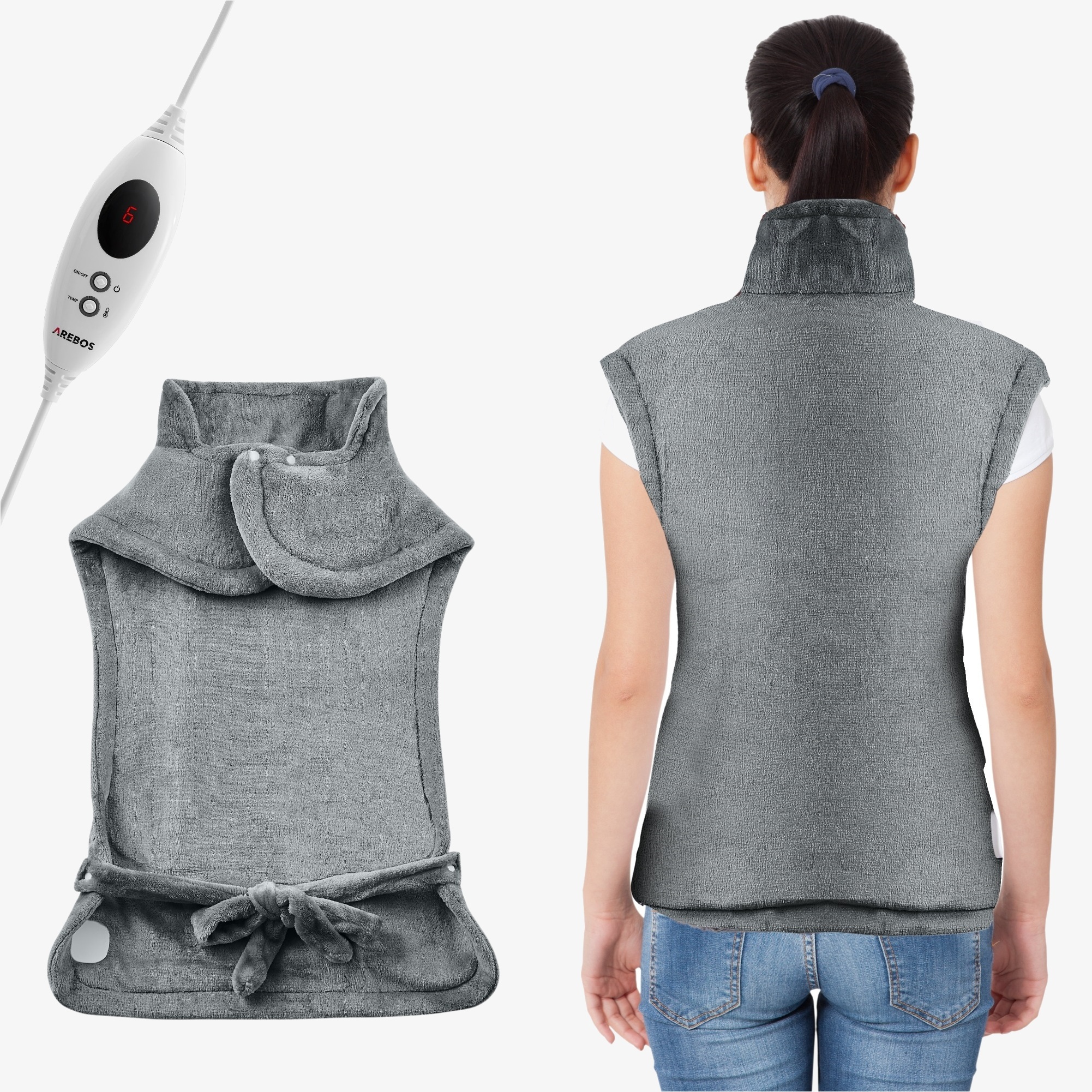 Arebos Coussin chauffant électrique pour le dos, les épaules, le cou, 9 réglages de chaleur - Gris